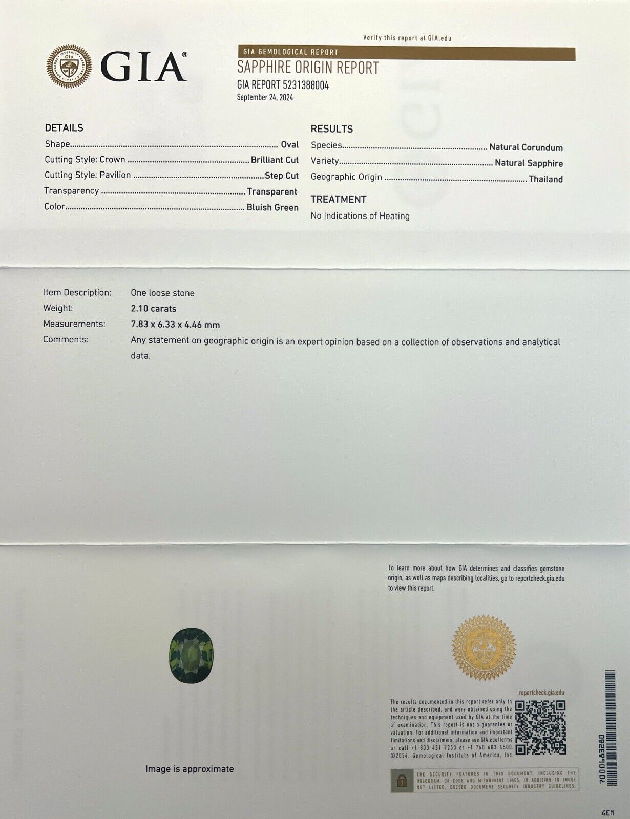 2.10ct GIA CERTIFIED Untreated Sapphire THAI Green Blue Oval Cut Gem 7.8x6.3mm — view 2