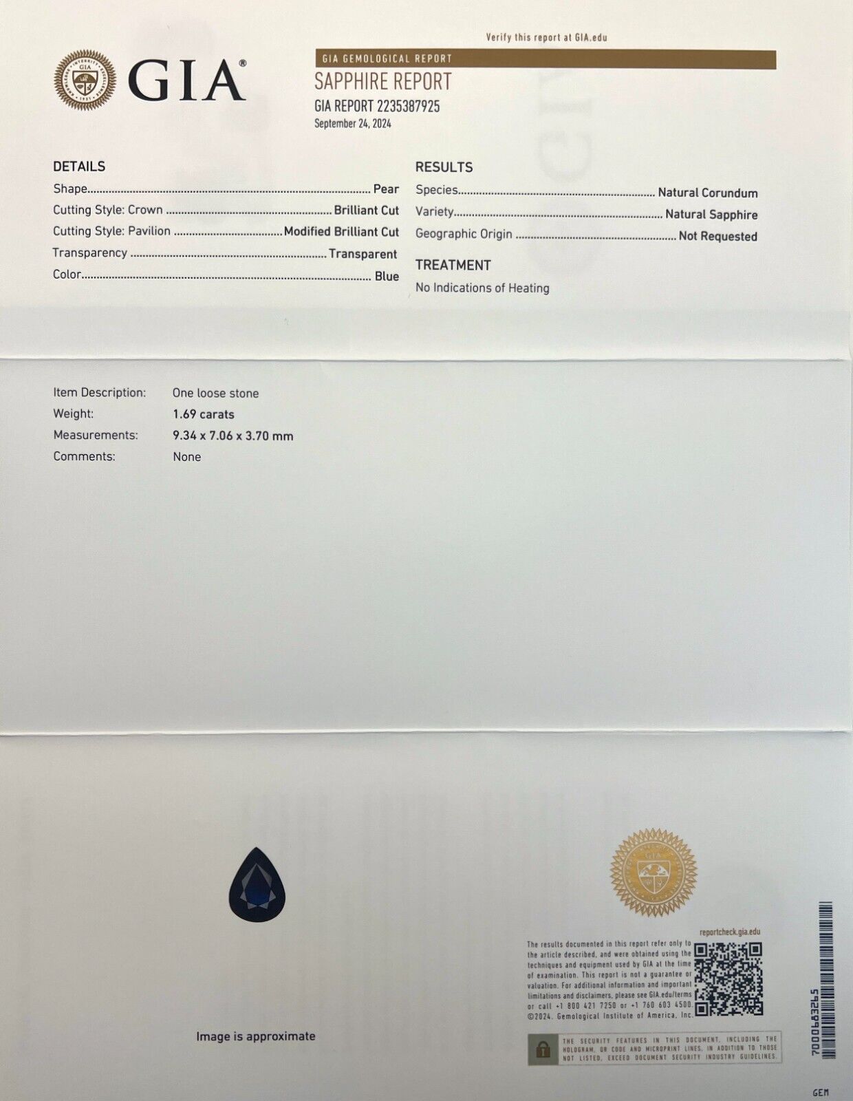 GIA CERTIFIED 1.69ct Deep Blue UNTREATED Sapphire Pear Teardrop Cut Gem 9.3x7mm — view 3