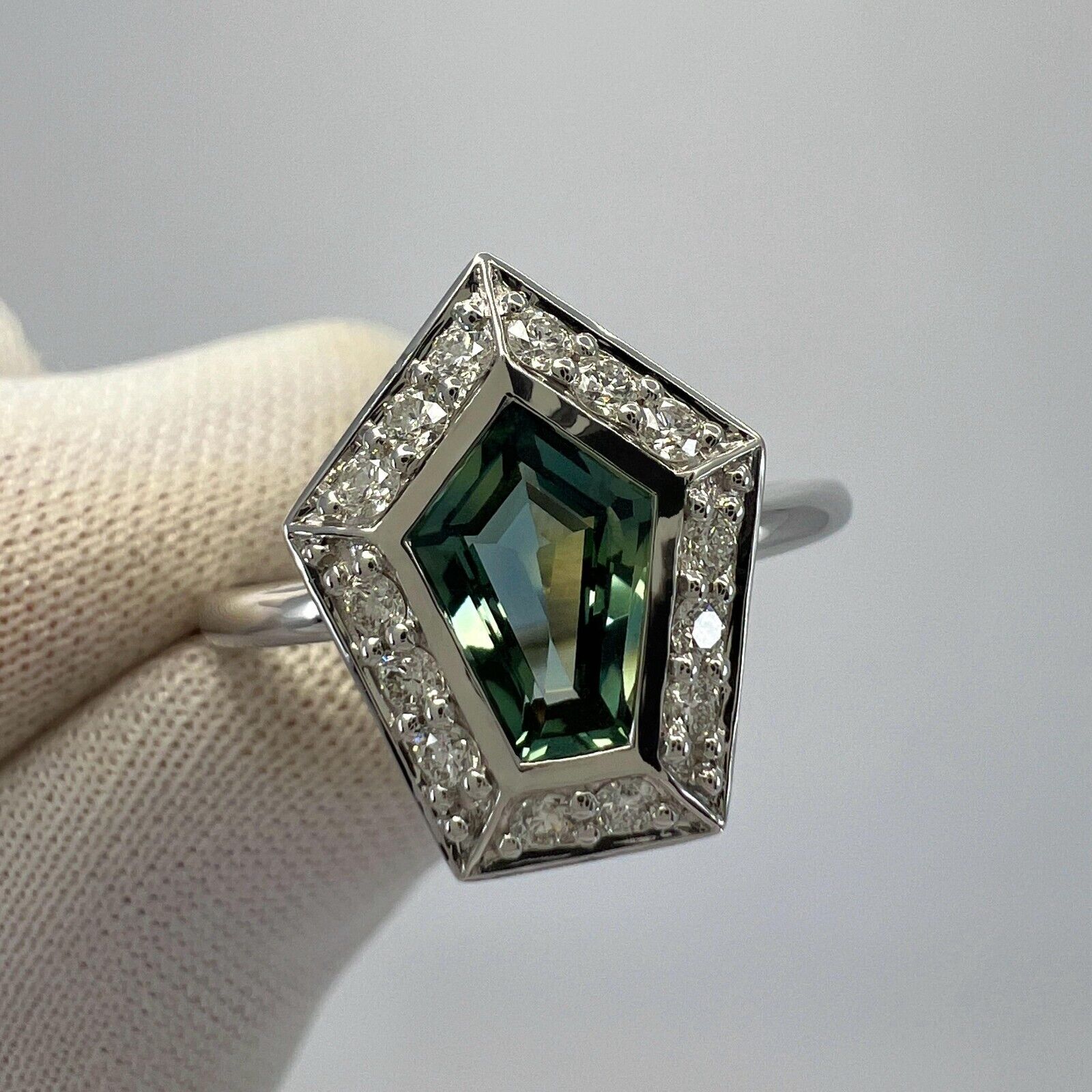 GIA Certified 1.35ct Untreated Sapphire Green Blue & Diamond 18k White Gold Ring — view 4