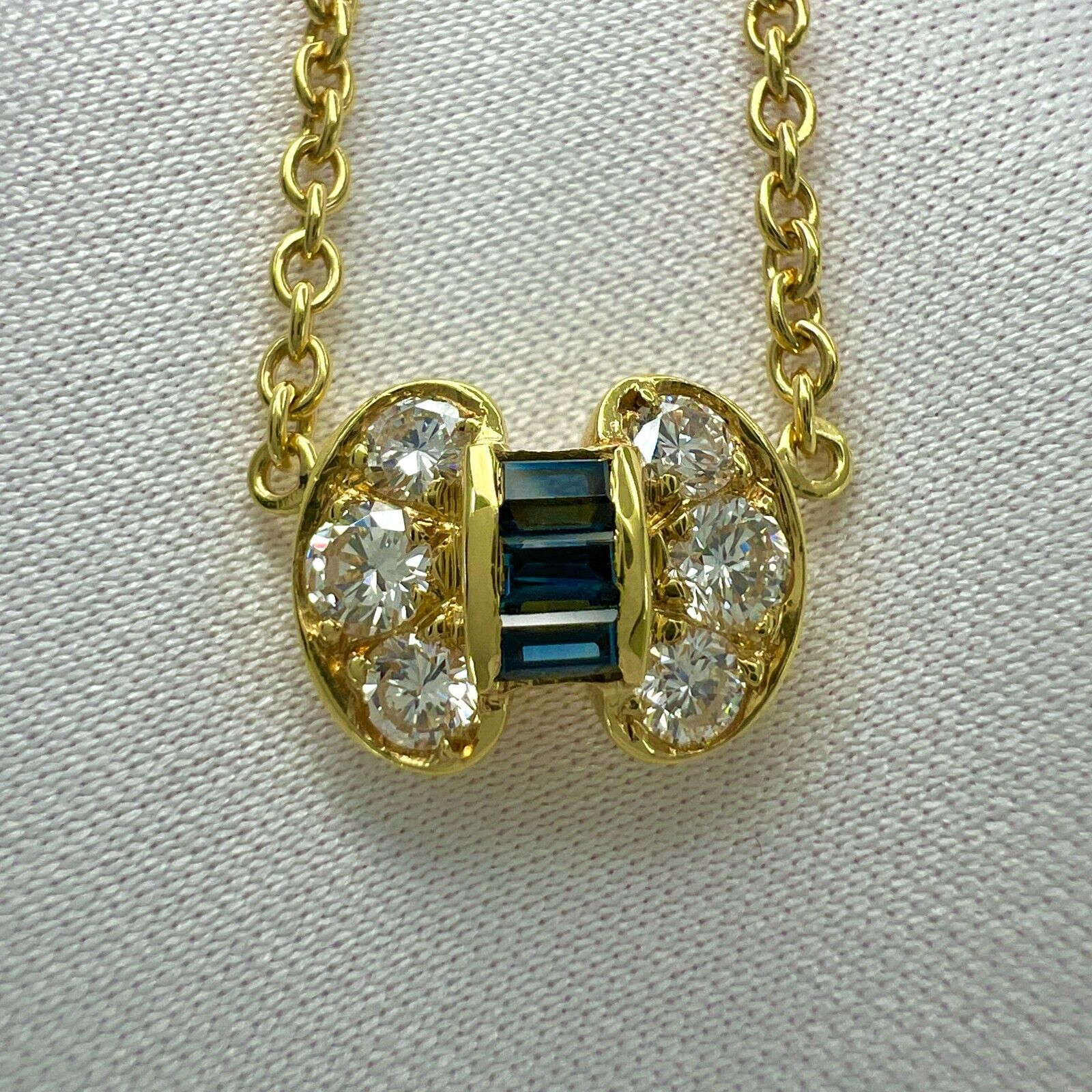 Vintage Van Cleef & Arpels Blue Sapphire & Diamond Ribbon Bow 18k Gold Necklace — view 3