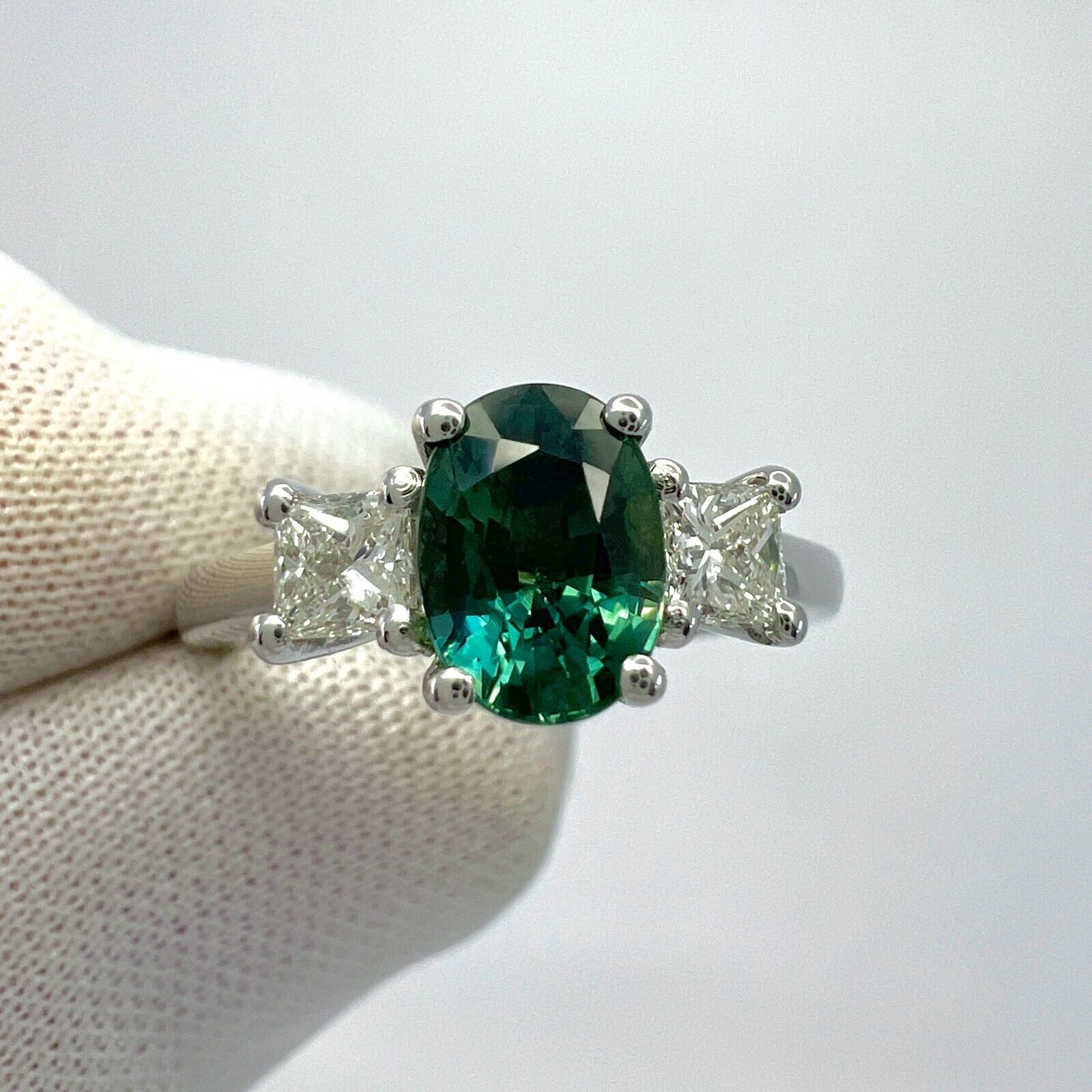 1.75ct Green Blue Oval Cut Sapphire And Diamond 18k White Gold Three Stone Ring — view 3