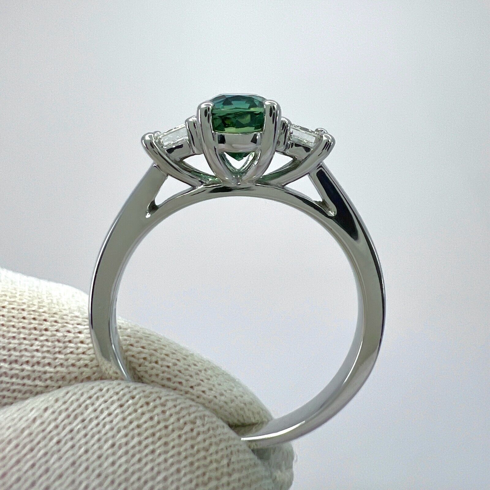 1.75ct Green Blue Oval Cut Sapphire And Diamond 18k White Gold Three Stone Ring — view 5