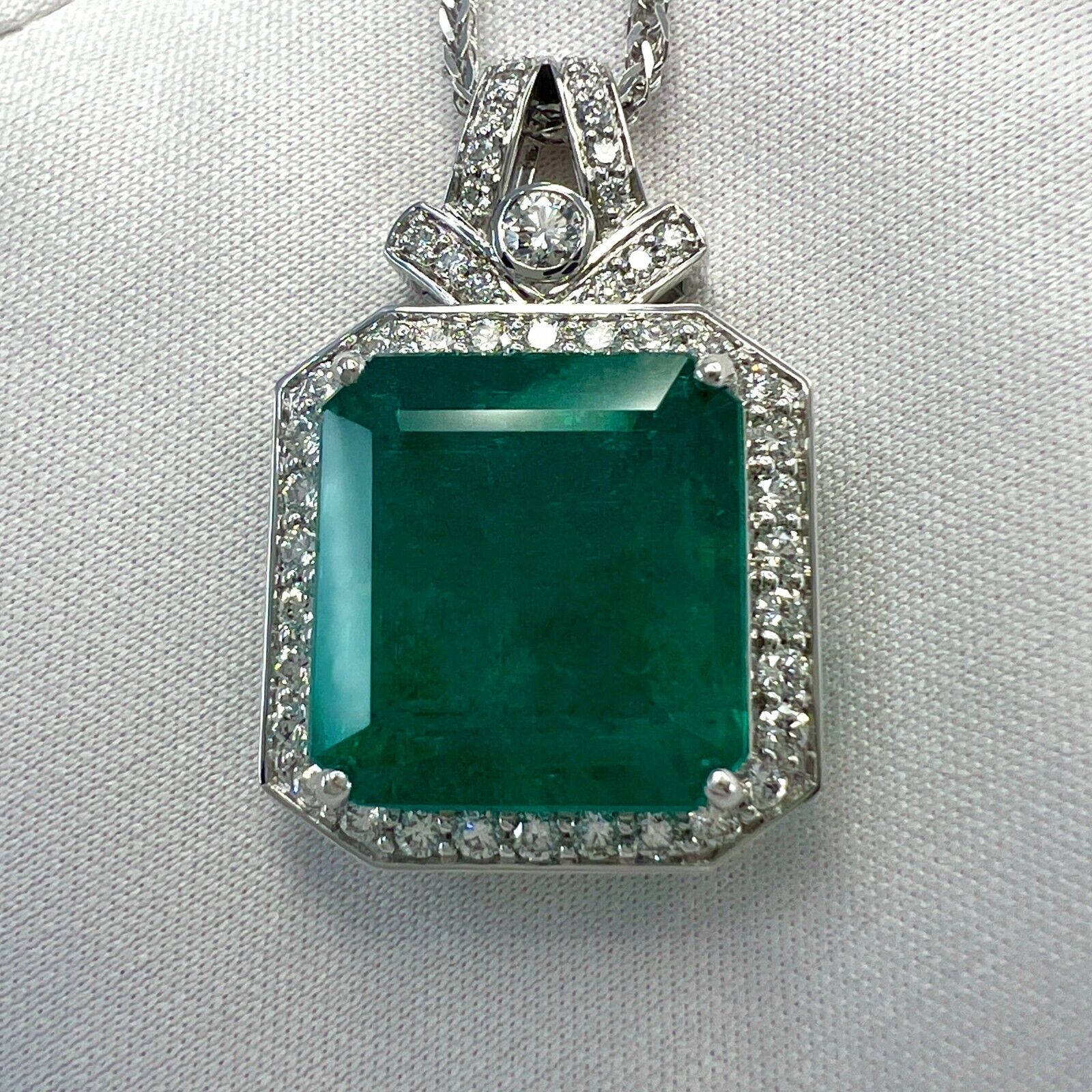 15.10ct GIA Certified Zambia Emerald & Diamond 18k White Gold Pendant Necklace — view 3