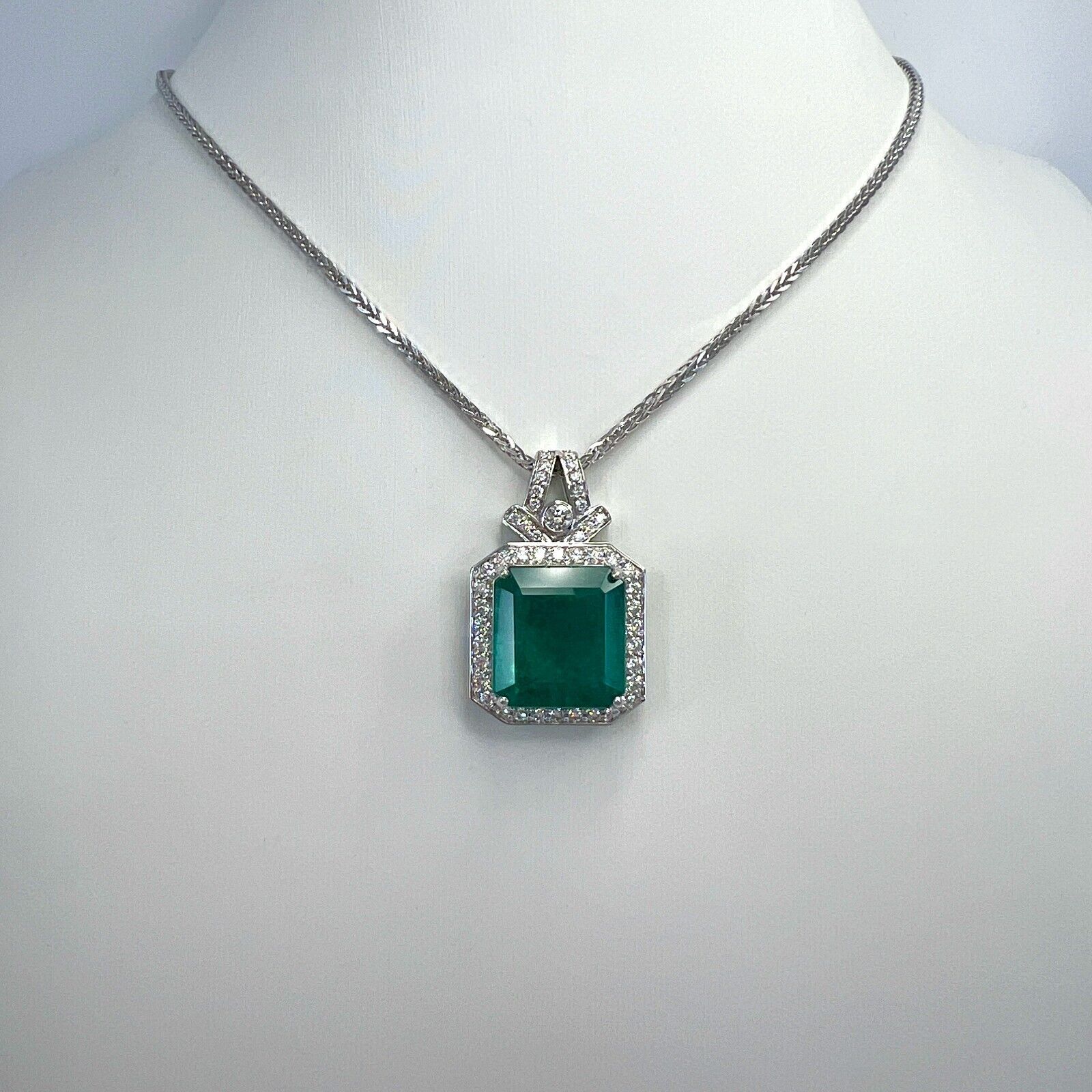 15.10ct GIA Certified Zambia Emerald & Diamond 18k White Gold Pendant Necklace — view 4