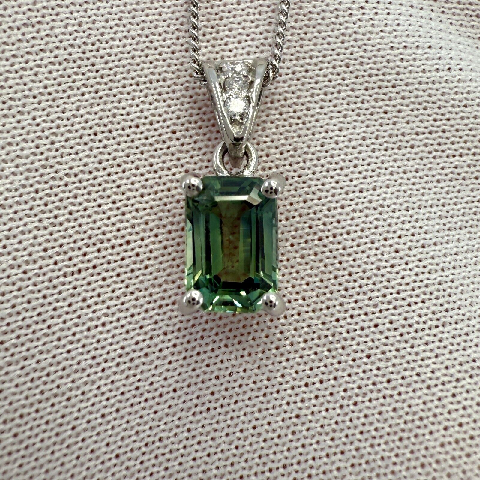 1.16ct Vivid Green Sapphire & Diamond Platinum Emerald Cut Solitaire Pendant — view 2