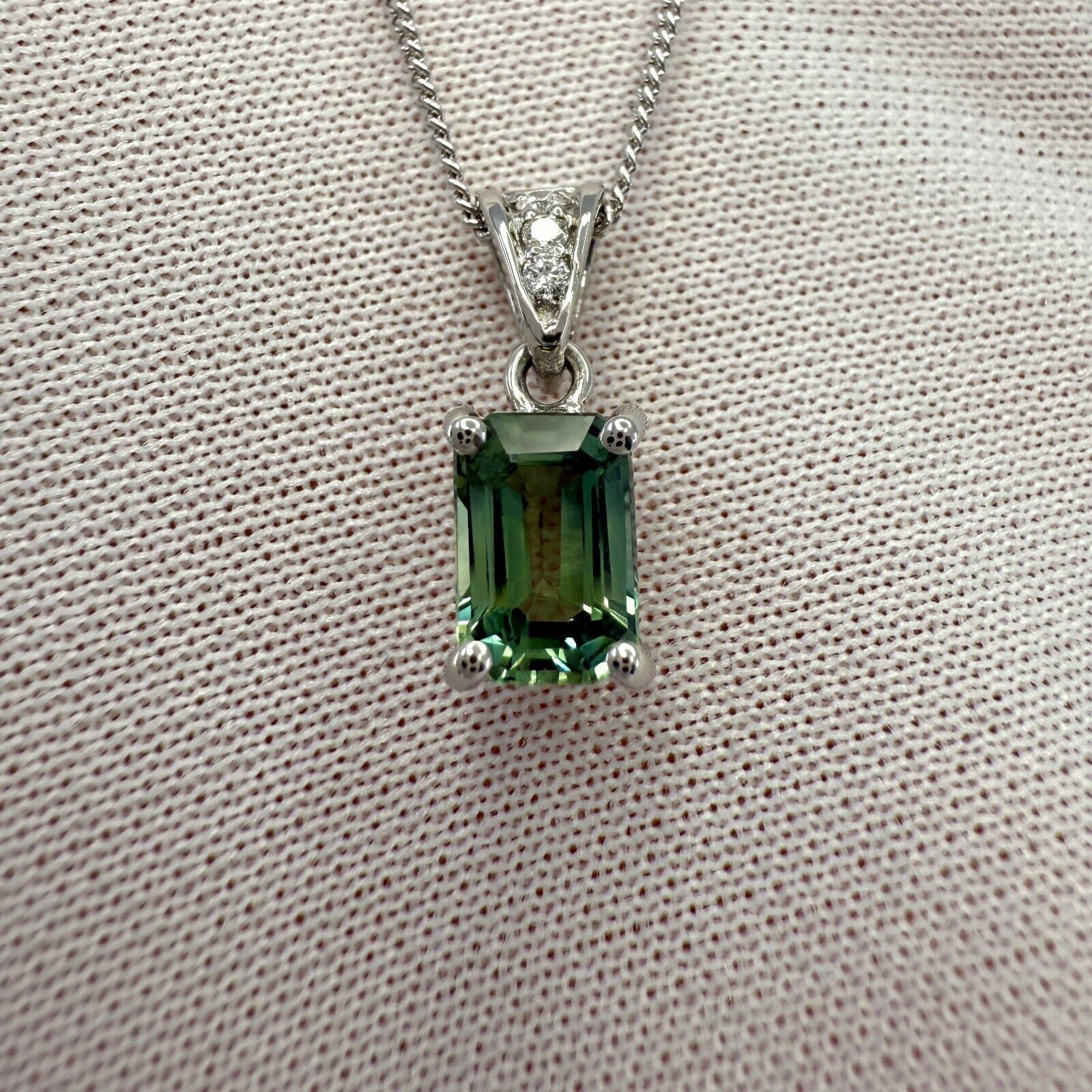 1.16ct Vivid Green Sapphire & Diamond Platinum Emerald Cut Solitaire Pendant — view 4