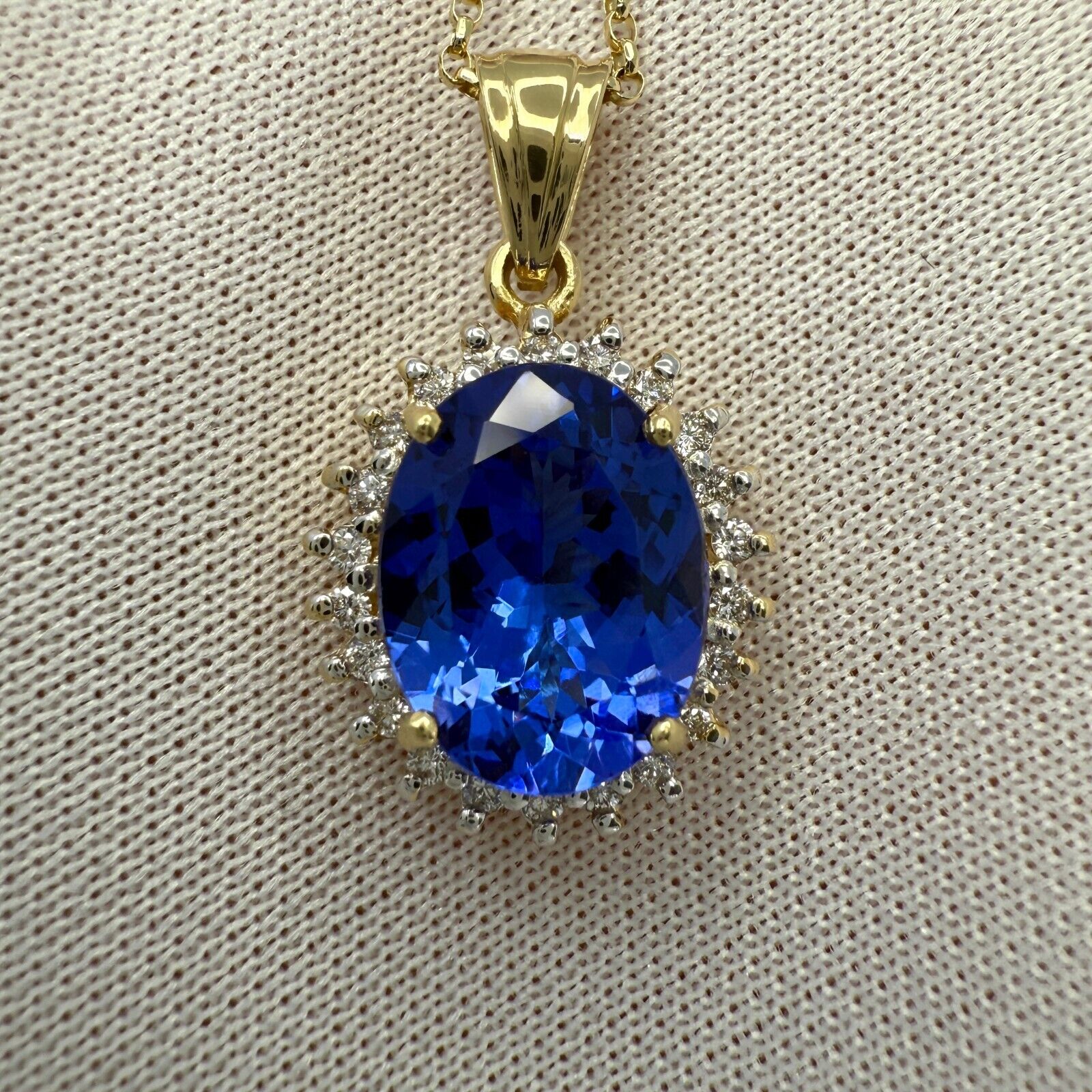 3.55ct Natural Vivid Blue Purple Tanzanite Diamond 18k Yellow Gold Halo Pendant — view 2