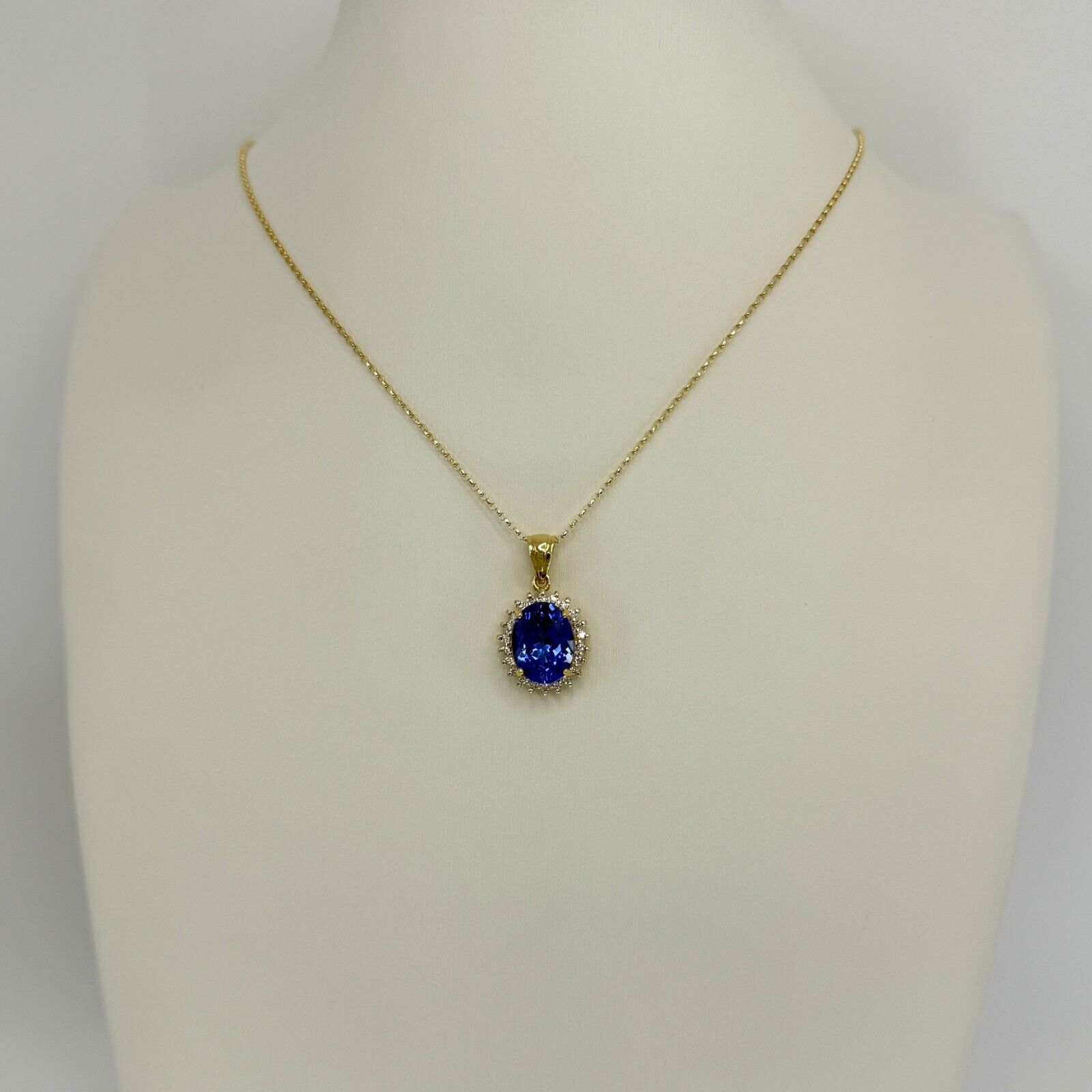3.55ct Natural Vivid Blue Purple Tanzanite Diamond 18k Yellow Gold Halo Pendant — view 3