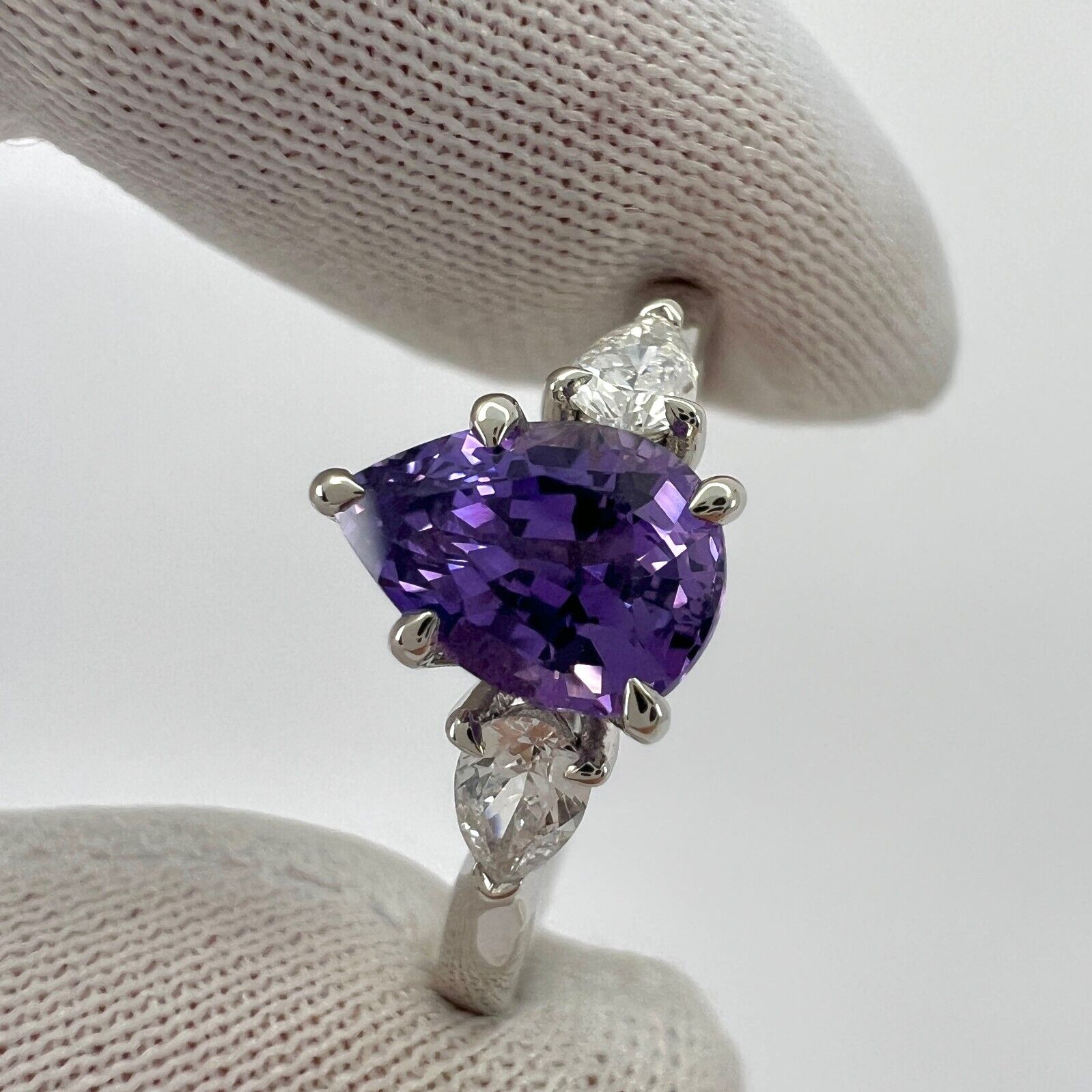 GIA Certified UNHEATED Purple Sapphire & Diamond 18k White Gold Pear Cut Three Stone Ring — view 2