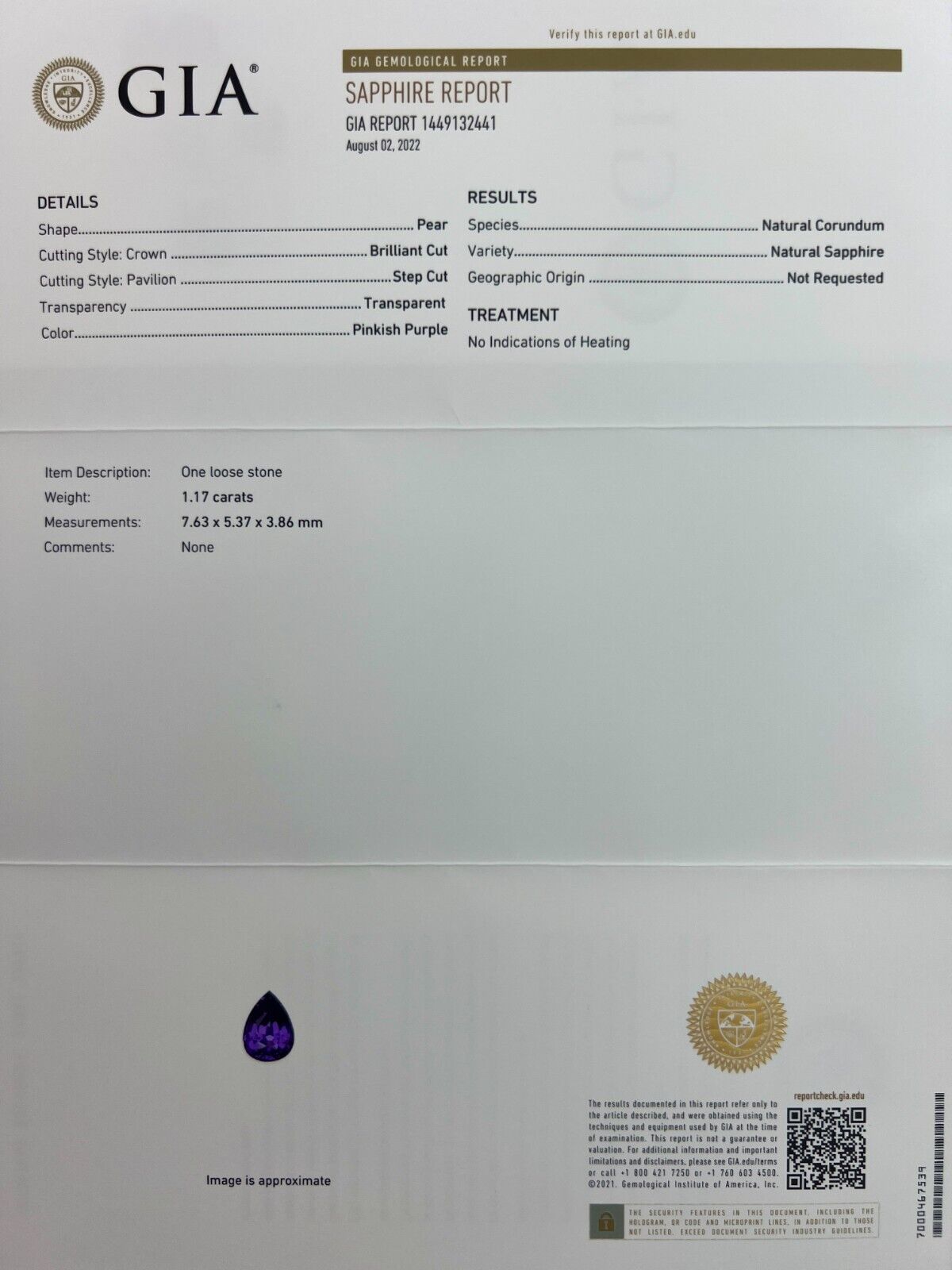 GIA Certified UNHEATED Purple Sapphire & Diamond 18k White Gold Pear Cut Three Stone Ring — view 3