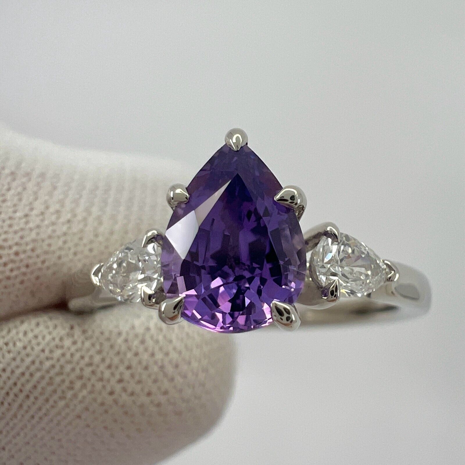 GIA Certified UNHEATED Purple Sapphire & Diamond 18k White Gold Pear Cut Three Stone Ring — view 4
