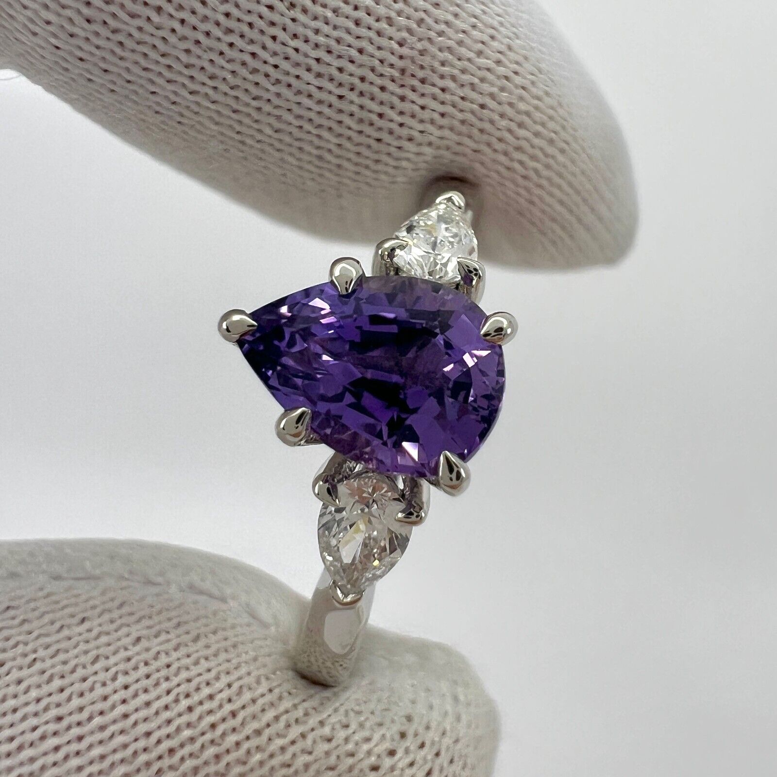 GIA Certified UNHEATED Purple Sapphire & Diamond 18k White Gold Pear Cut Three Stone Ring — view 5
