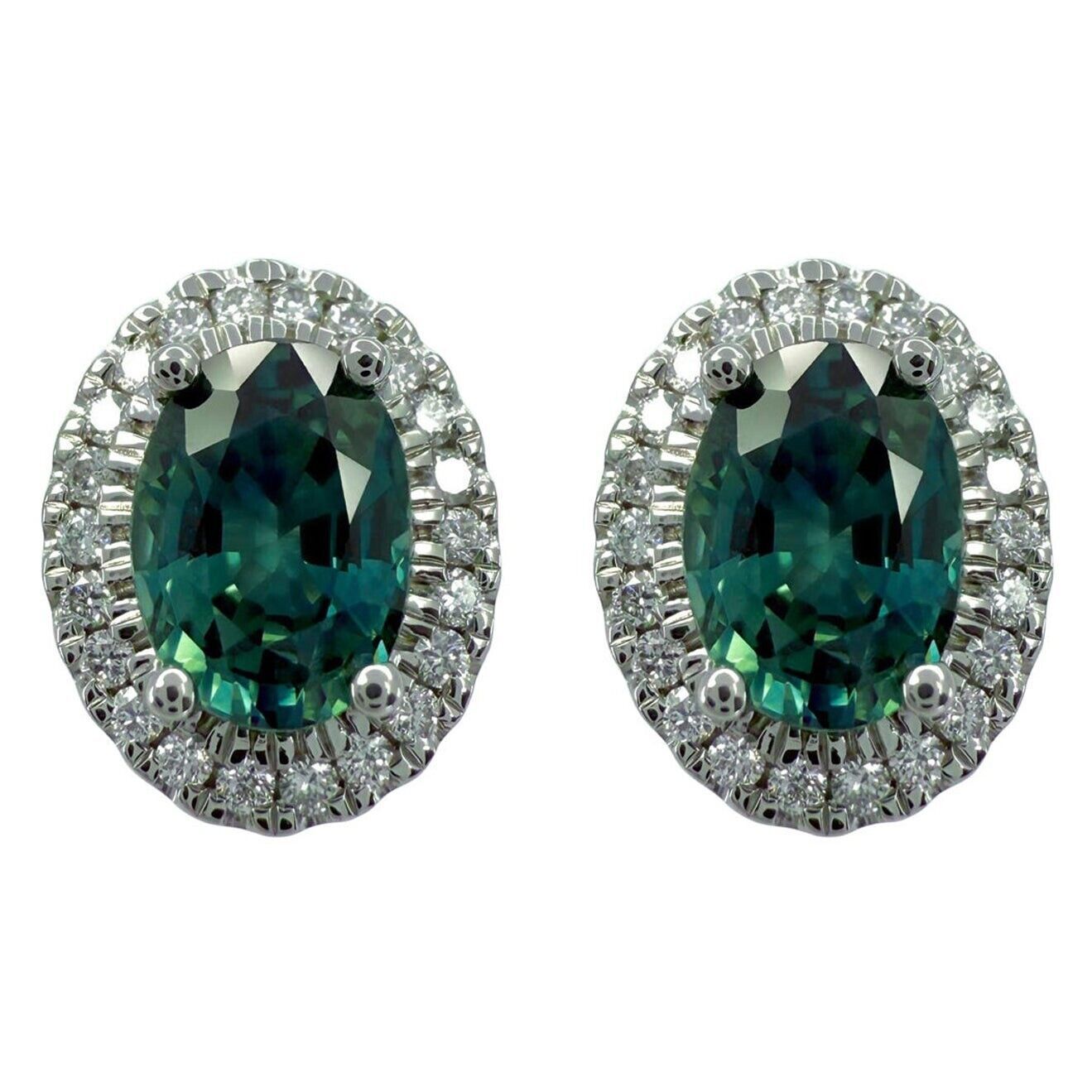 2.54ct Oval Cut Green Blue Teal Sapphire & Diamond Platinum Halo Earring Studs — view 1