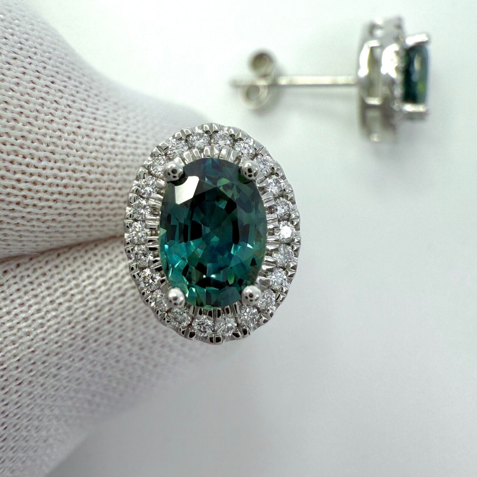 2.54ct Oval Cut Green Blue Teal Sapphire & Diamond Platinum Halo Earring Studs — view 2