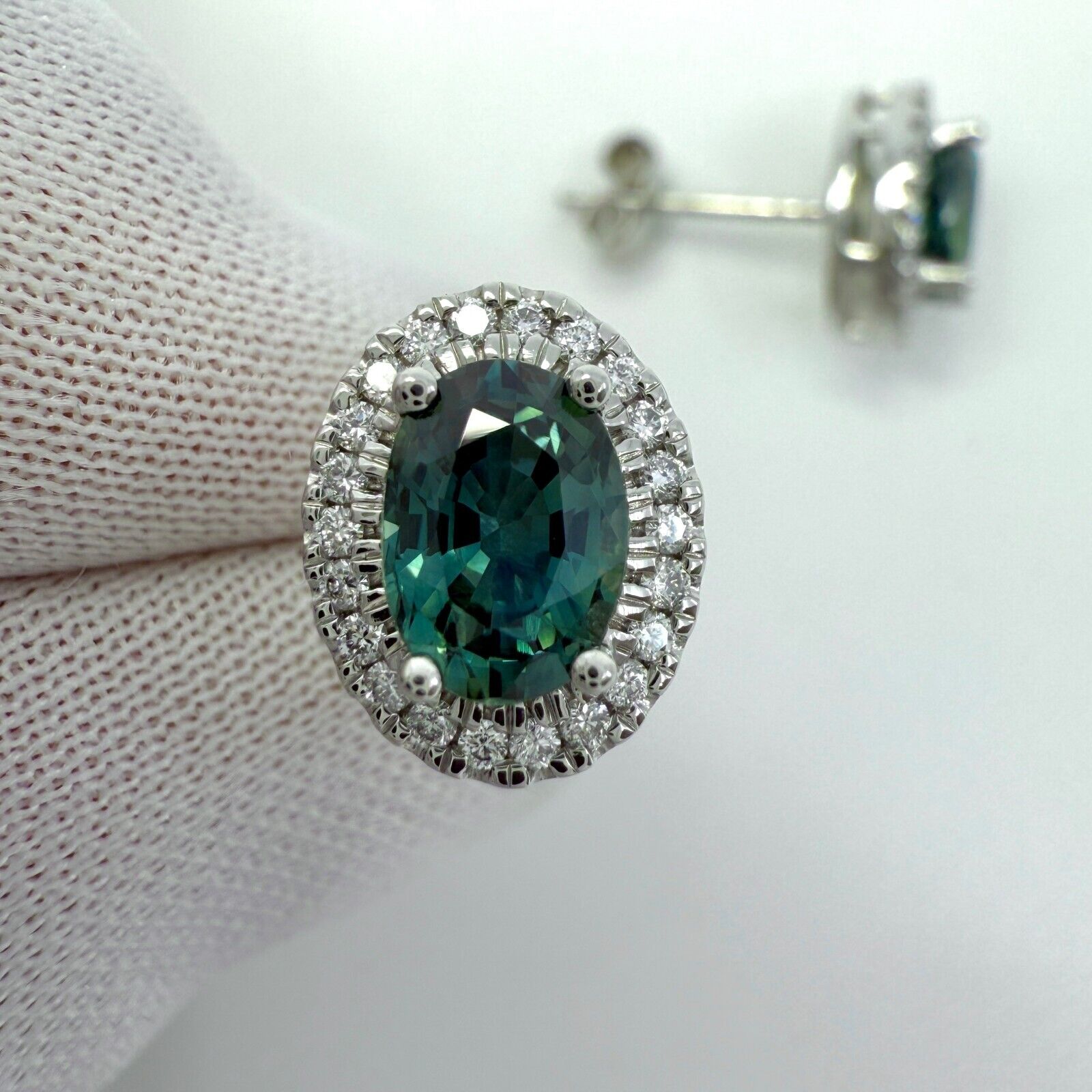 2.54ct Oval Cut Green Blue Teal Sapphire & Diamond Platinum Halo Earring Studs — view 3