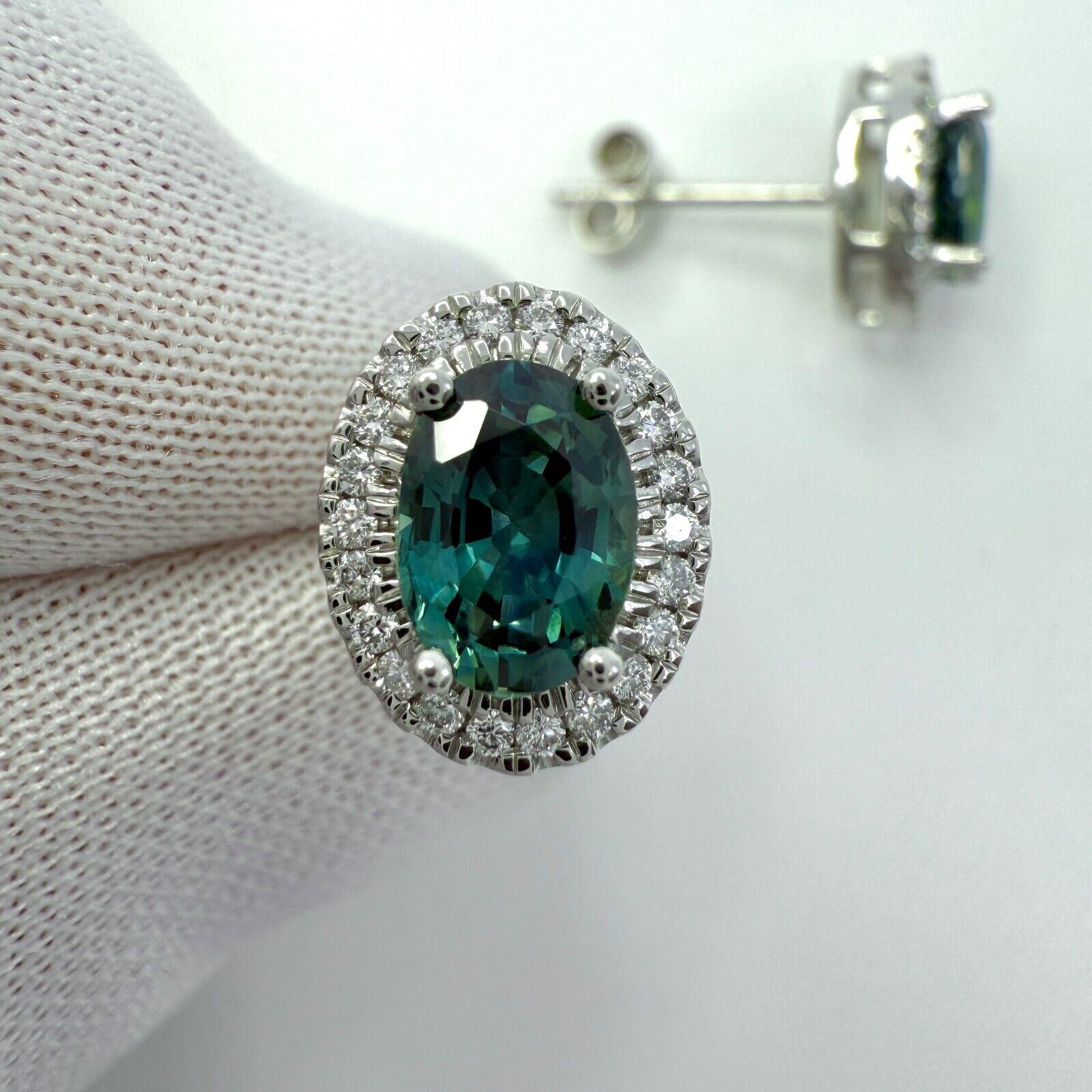 2.54ct Oval Cut Green Blue Teal Sapphire & Diamond Platinum Halo Earring Studs — view 4