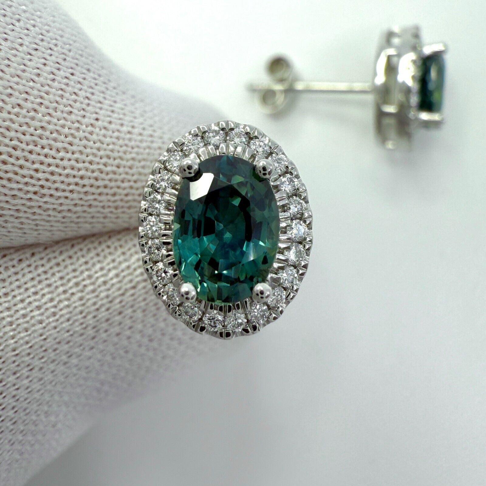 2.54ct Oval Cut Green Blue Teal Sapphire & Diamond Platinum Halo Earring Studs — view 5