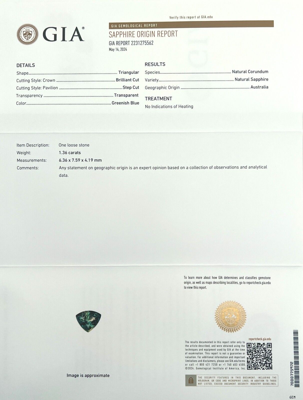 Untreated 1.36ct Australian Sapphire GIA CERTIFIED Green Blue Gem 6.3x7.5mm — view 2