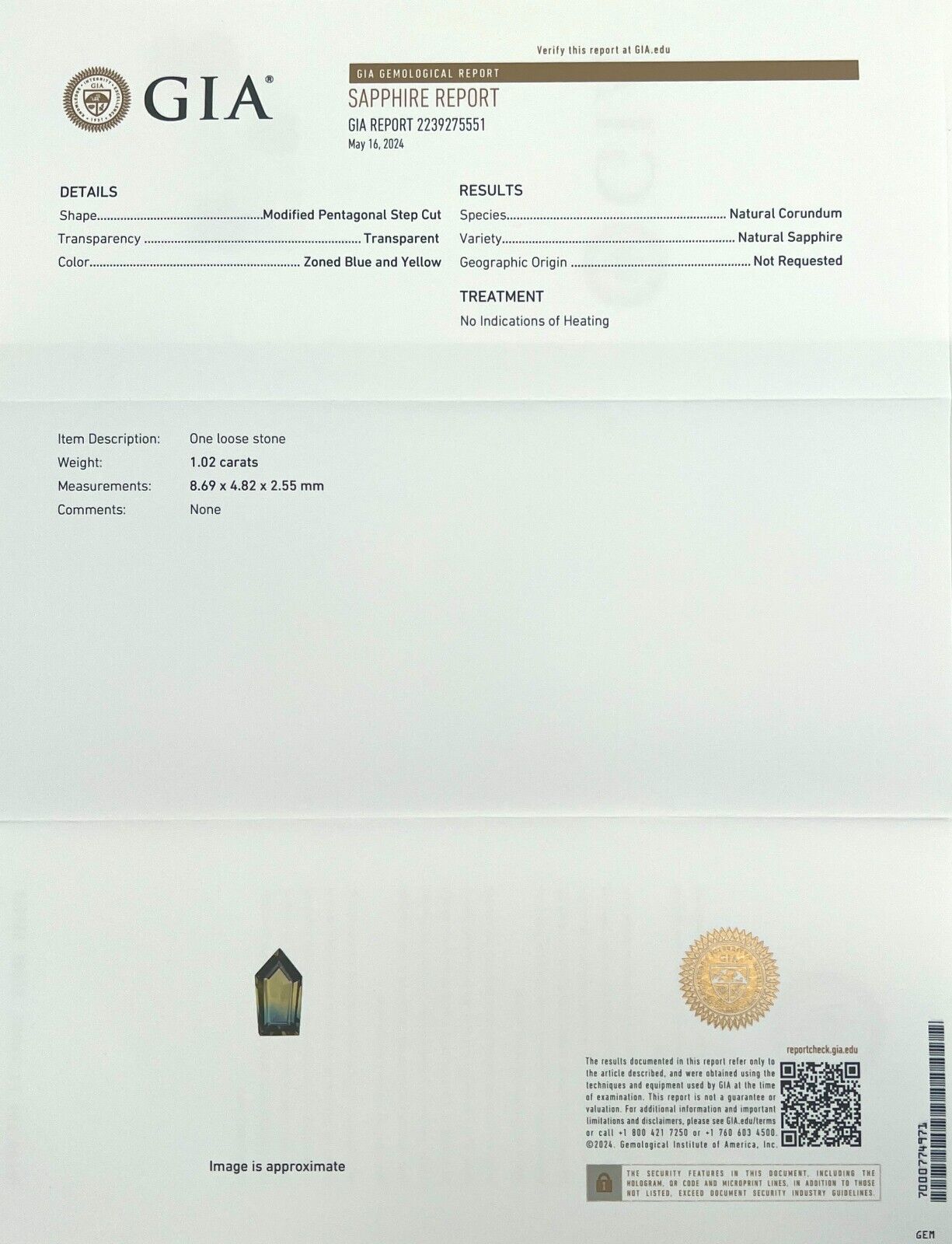 GIA Certified UNIQUE 1.02ct Bi Colour Sapphire Fancy PENTAGON 8.6x4.8mm NO HEAT — view 3