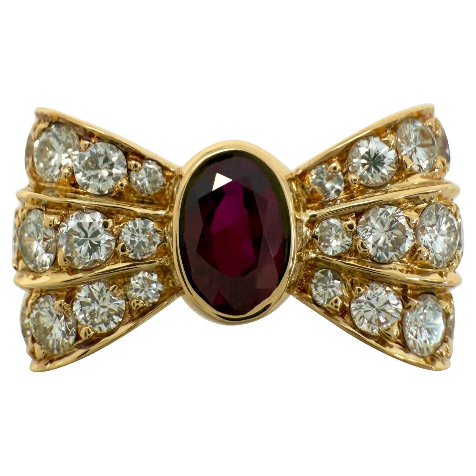 Rare Vintage Mauboussin Deep Red Ruby & Diamond 18k Yellow Gold Bow Ribbon Ring
