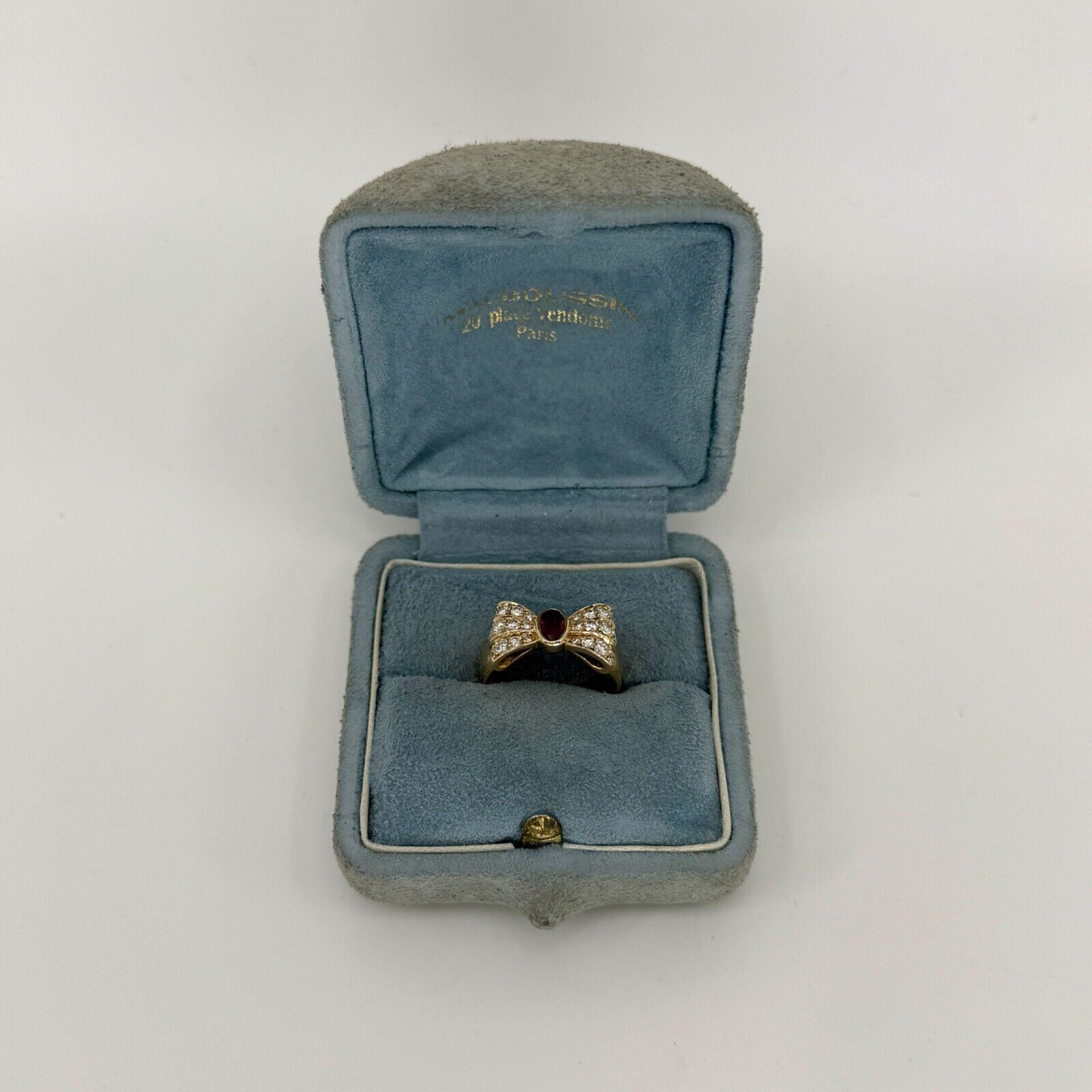 Rare Vintage Mauboussin Deep Red Ruby & Diamond 18k Yellow Gold Bow Ribbon Ring — view 2