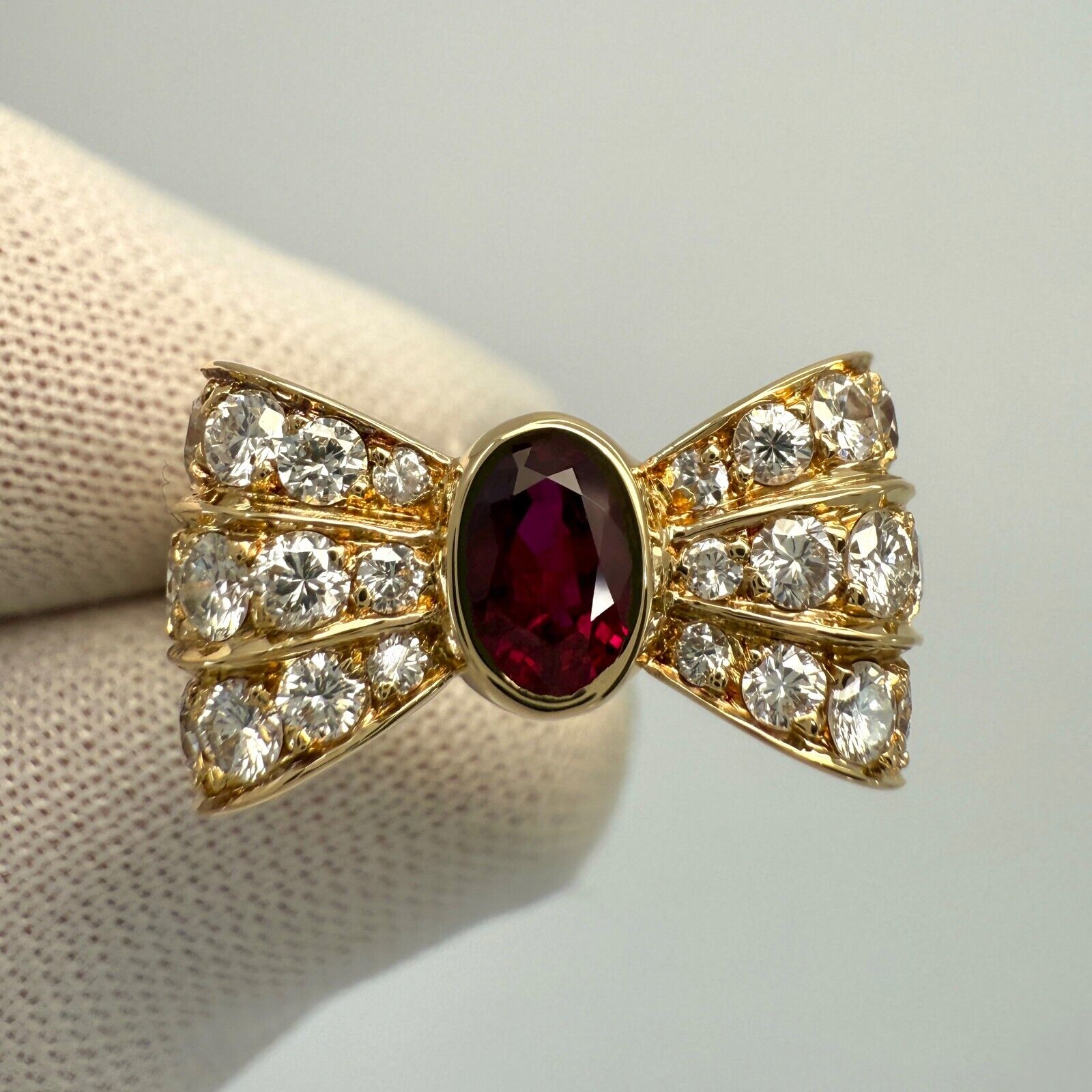 Rare Vintage Mauboussin Deep Red Ruby & Diamond 18k Yellow Gold Bow Ribbon Ring — view 3
