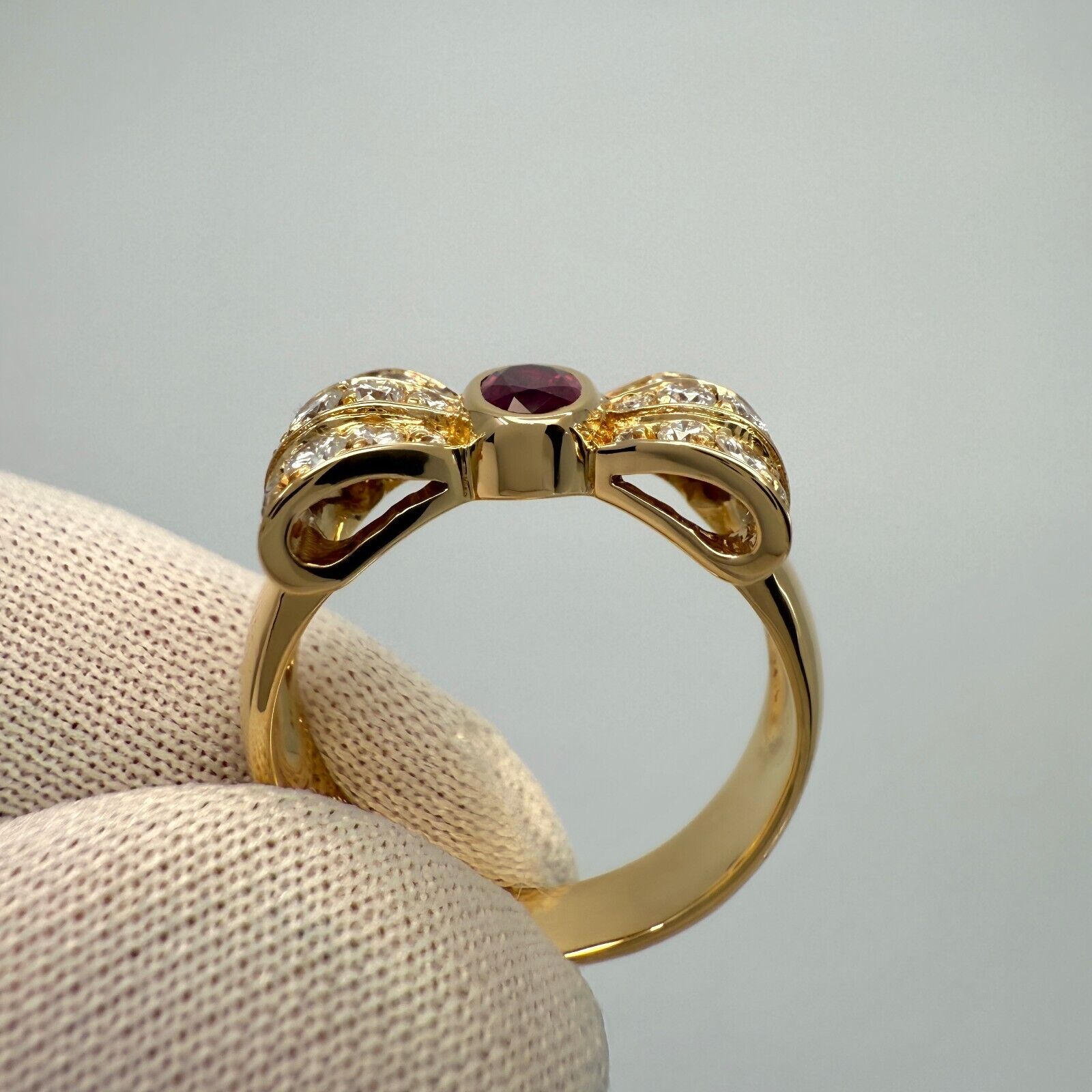 Rare Vintage Mauboussin Deep Red Ruby & Diamond 18k Yellow Gold Bow Ribbon Ring — view 4