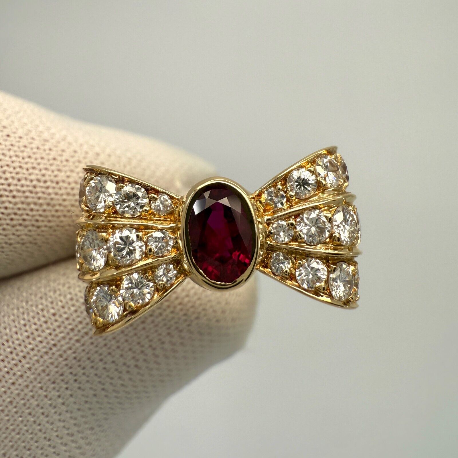 Rare Vintage Mauboussin Deep Red Ruby & Diamond 18k Yellow Gold Bow Ribbon Ring — view 5
