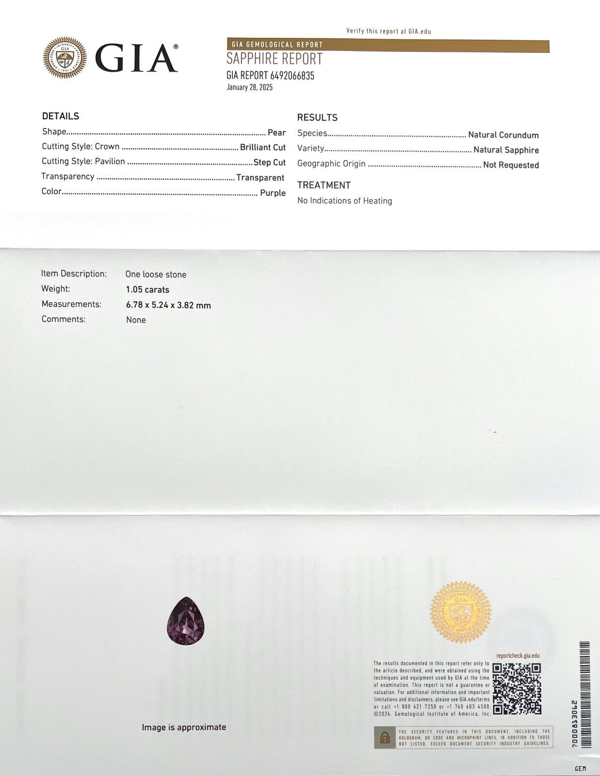 NATURAL 1.05ct DEEP Purple GIA CERTIFIED Untreated Sapphire Pear Cut 6.7x5.2mm — view 2