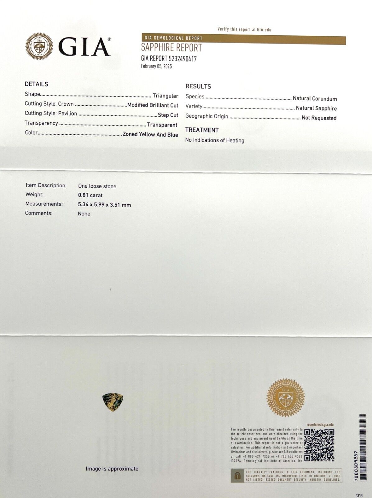 GIA CERTIFIED No Heat 0.81ct Bi Colour Sapphire Blue Yellow Triangle 5.3x5.9mm — view 3