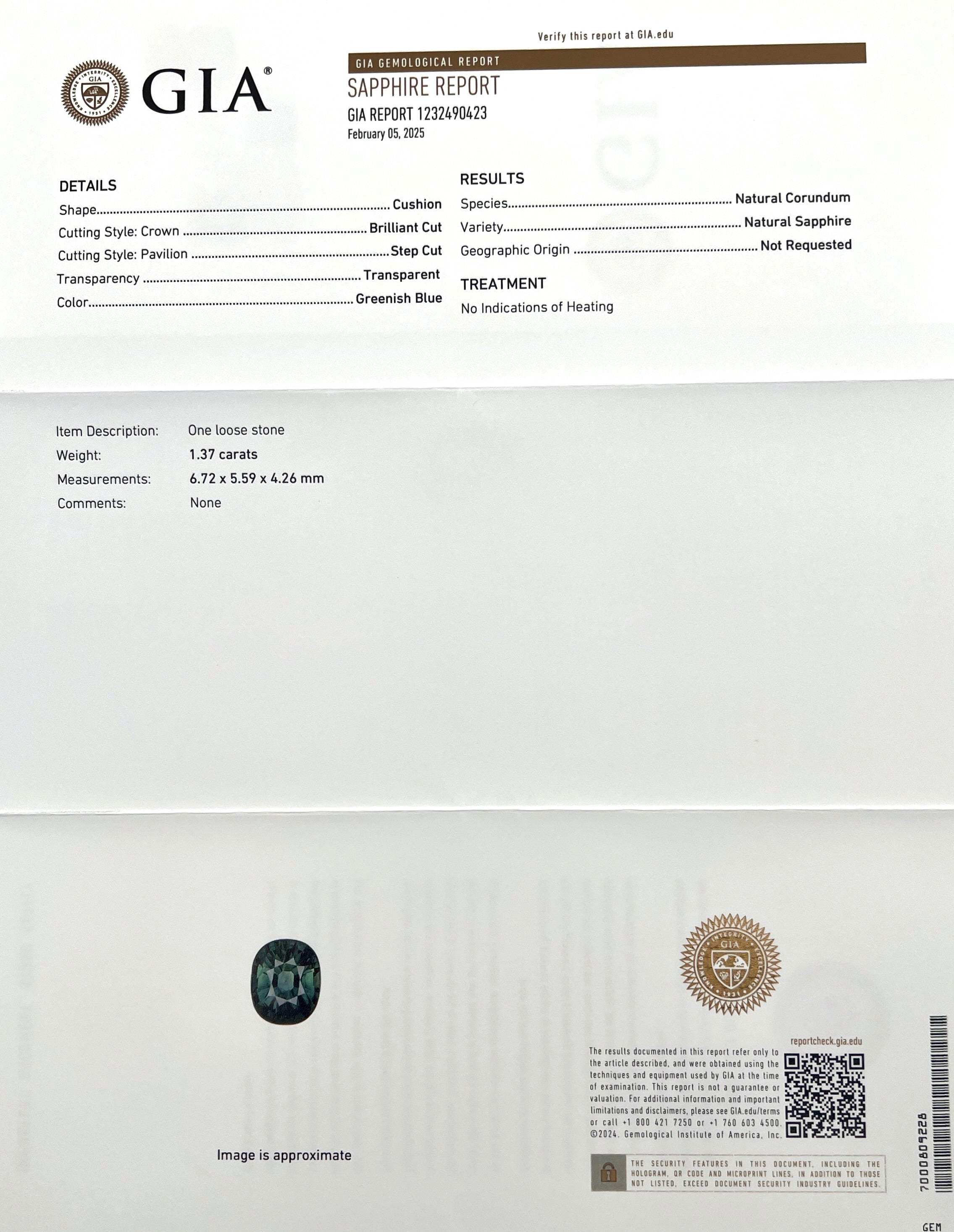 NATURAL 1.37ct GIA Certified Green Blue UNTREATED Sapphire Cushion Cut 6.7x5.5mm — view 2