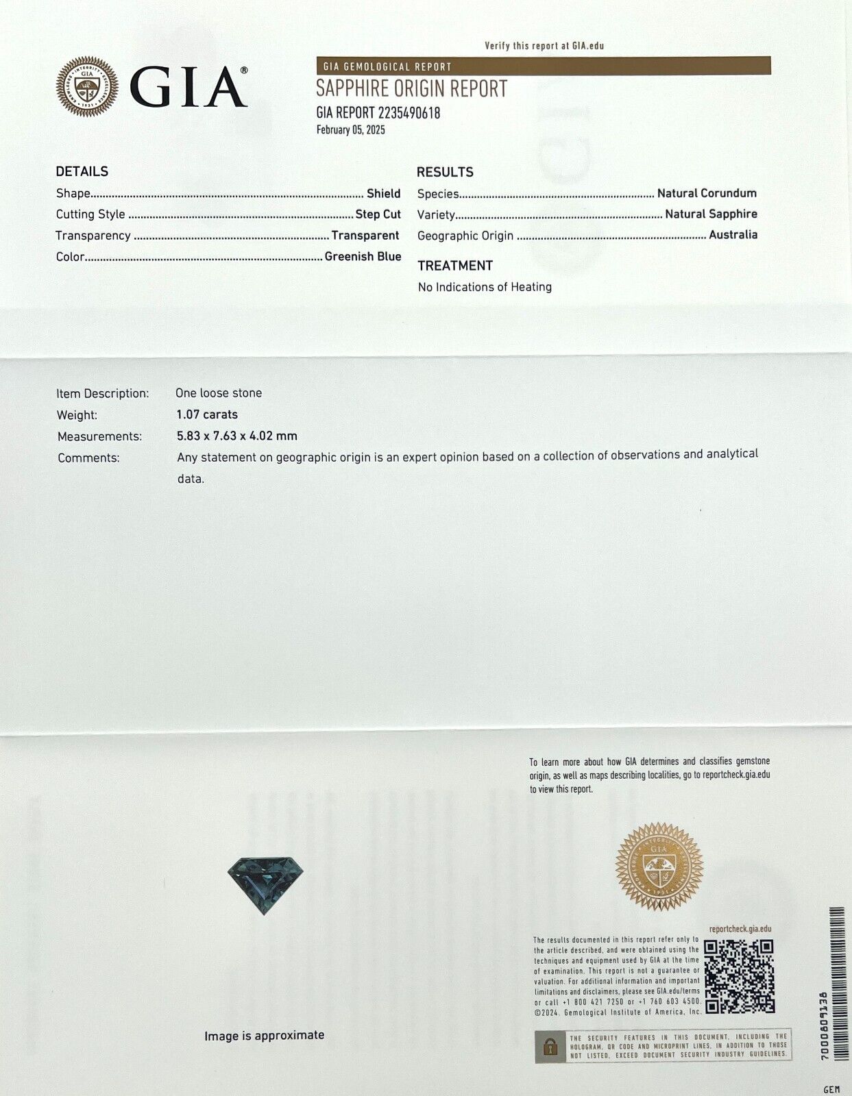 UNIQUE 1.07ct GIA CERTIFIED Shield Cut Sapphire UNTREATED Green Blue AUSTRALIAN — view 2