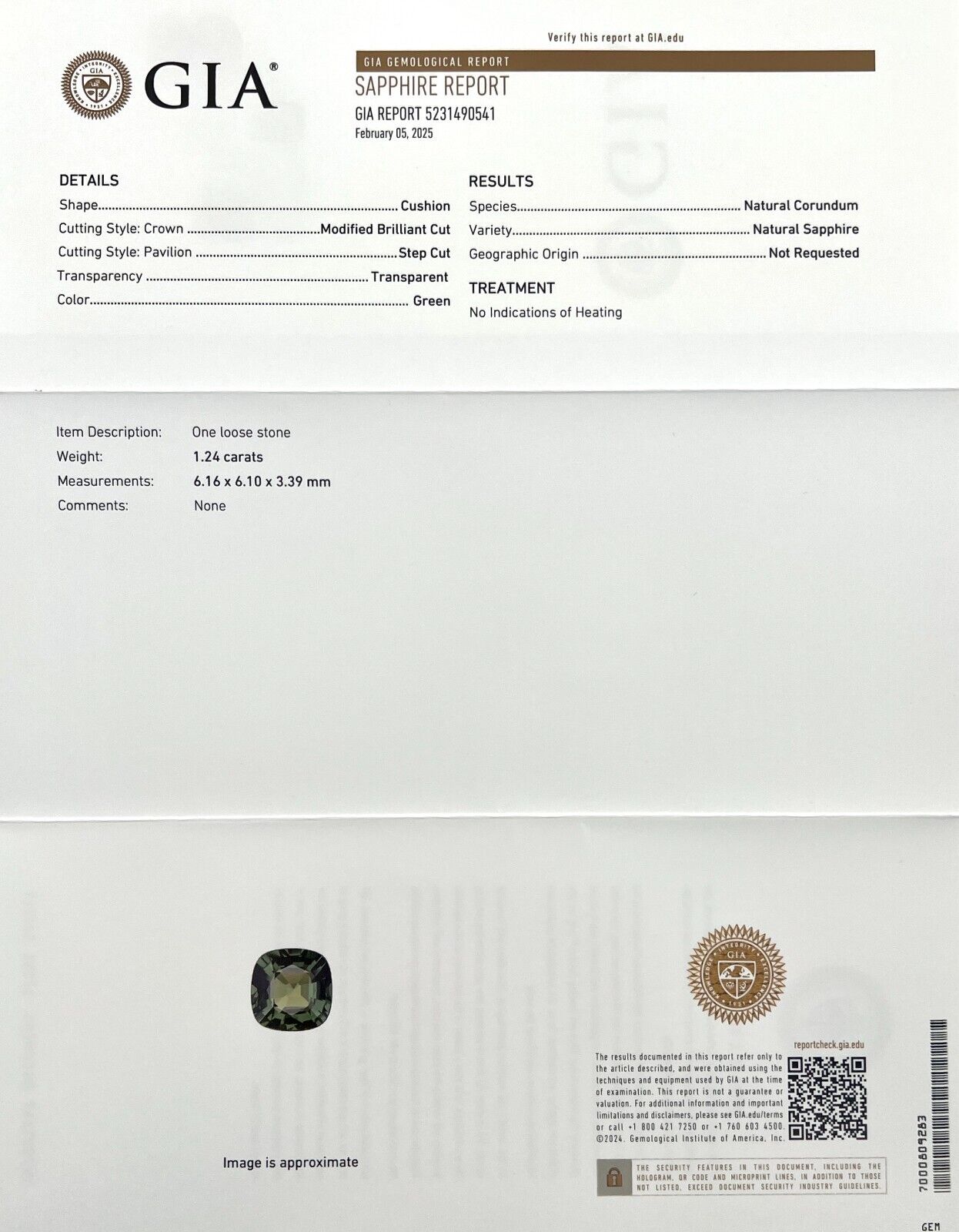NATURAL 1.24ct GIA Certified Green UNTREATED Sapphire Cushion Cut Gem 6.1x6.1mm — view 3