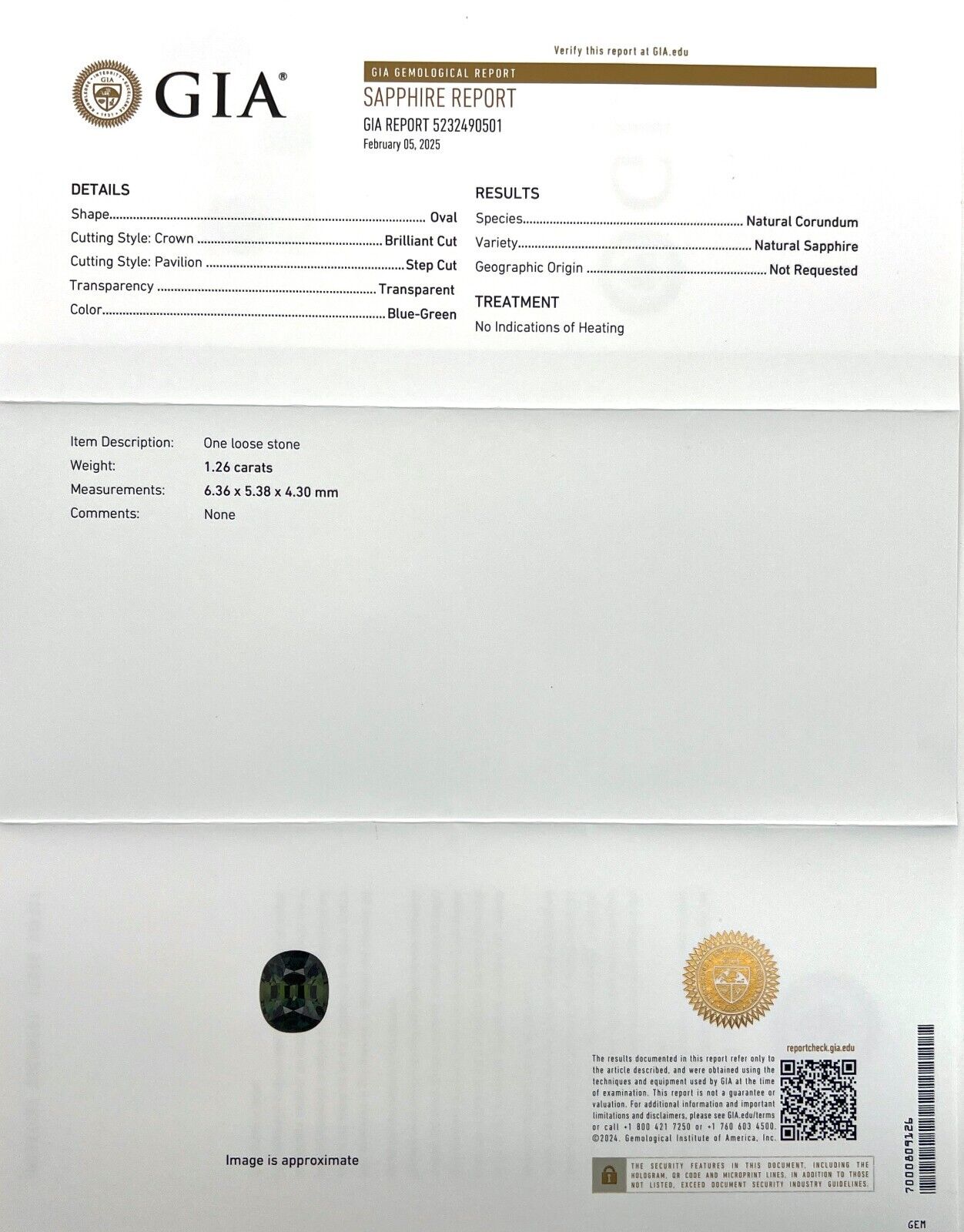 GIA CERTIFIED 1.26ct Teal Green Blue UNTREATED Sapphire 6.3x5.3mm Oval Cut Gem — view 2