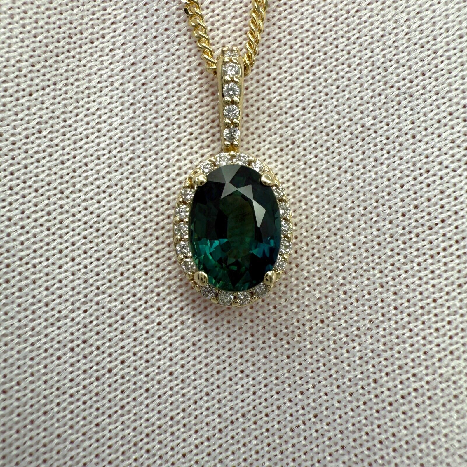 1.30ct Australian Blue Green Sapphire 14k Yellow Gold Diamond Halo Pendant — view 2
