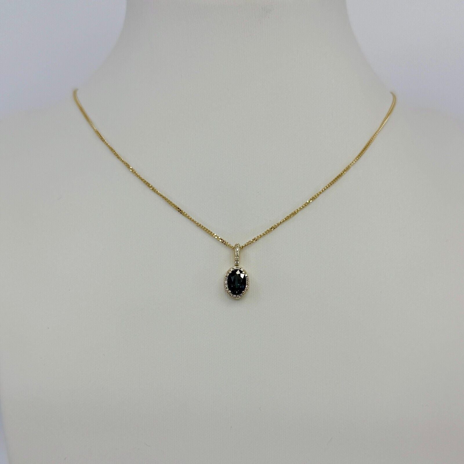 1.30ct Australian Blue Green Sapphire 14k Yellow Gold Diamond Halo Pendant — view 3