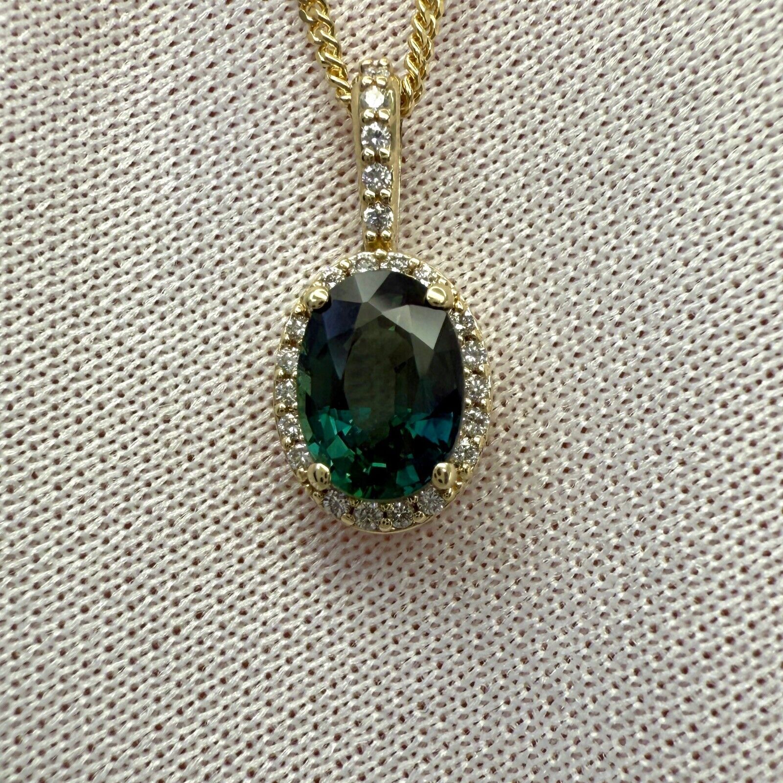 1.30ct Australian Blue Green Sapphire 14k Yellow Gold Diamond Halo Pendant — view 4