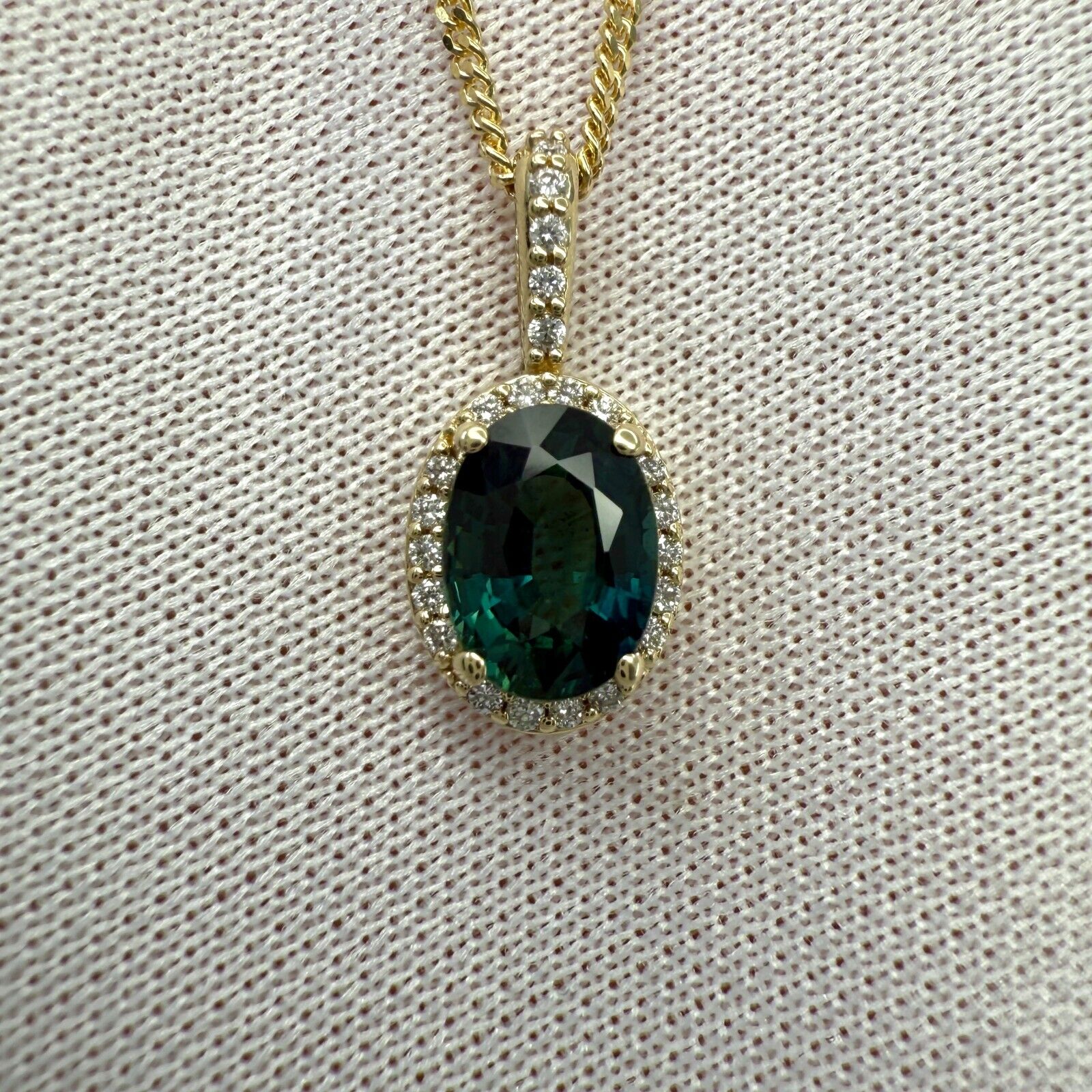 1.30ct Australian Blue Green Sapphire 14k Yellow Gold Diamond Halo Pendant — view 5