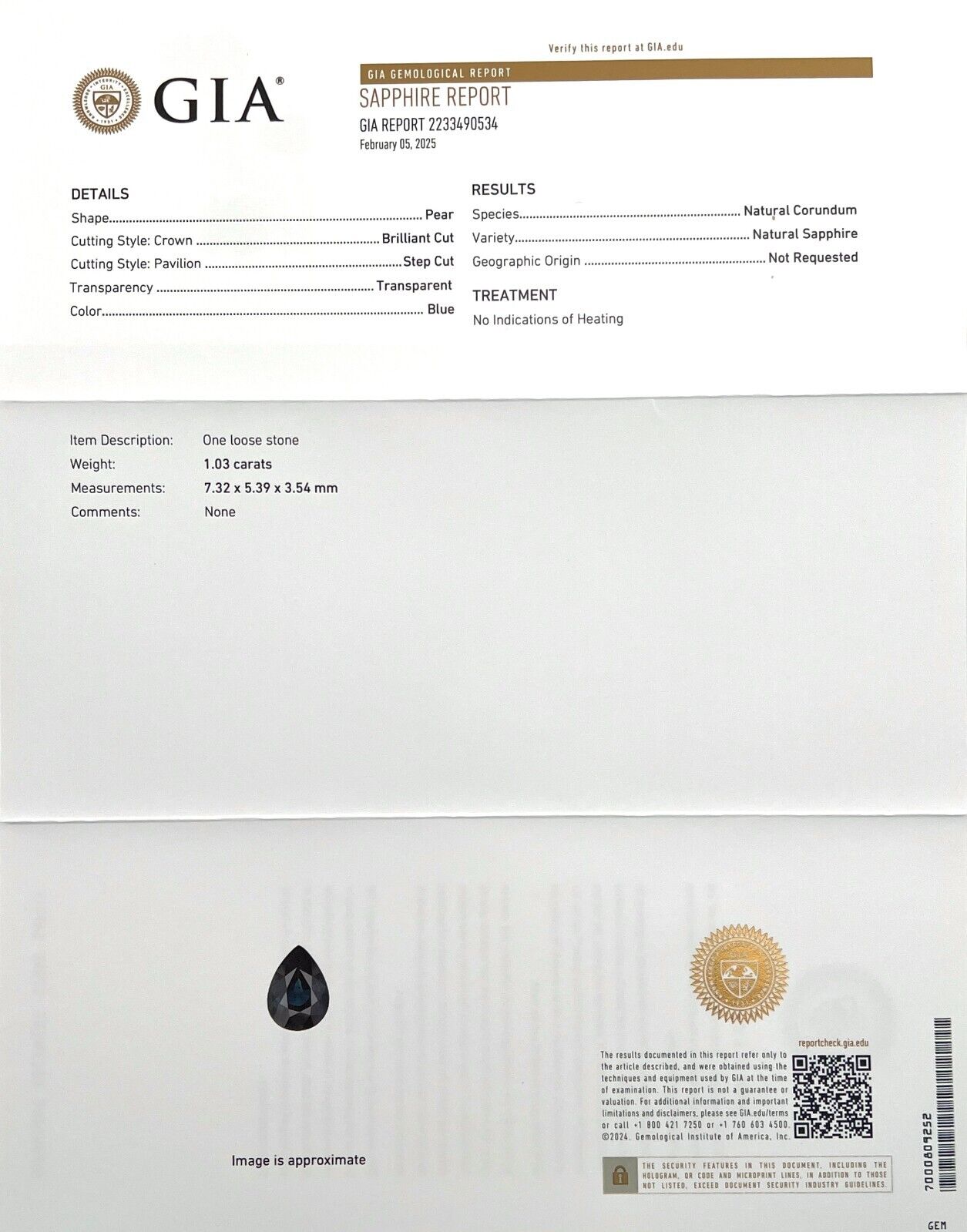 GIA CERTIFIED Natural 1.03ct Deep Blue Untreated Sapphire Pear Cut Gem 7.3x5.3mm — view 2