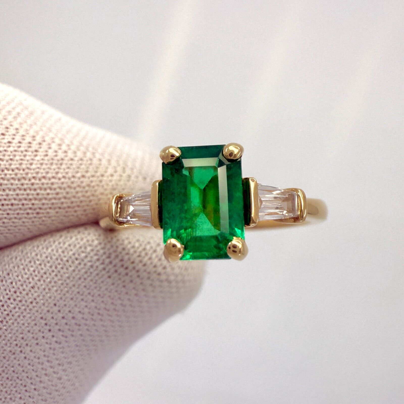 1.08ct Vivid Green Emerald & Diamond 18k Yellow Gold Octagon Three Stone Ring — view 2