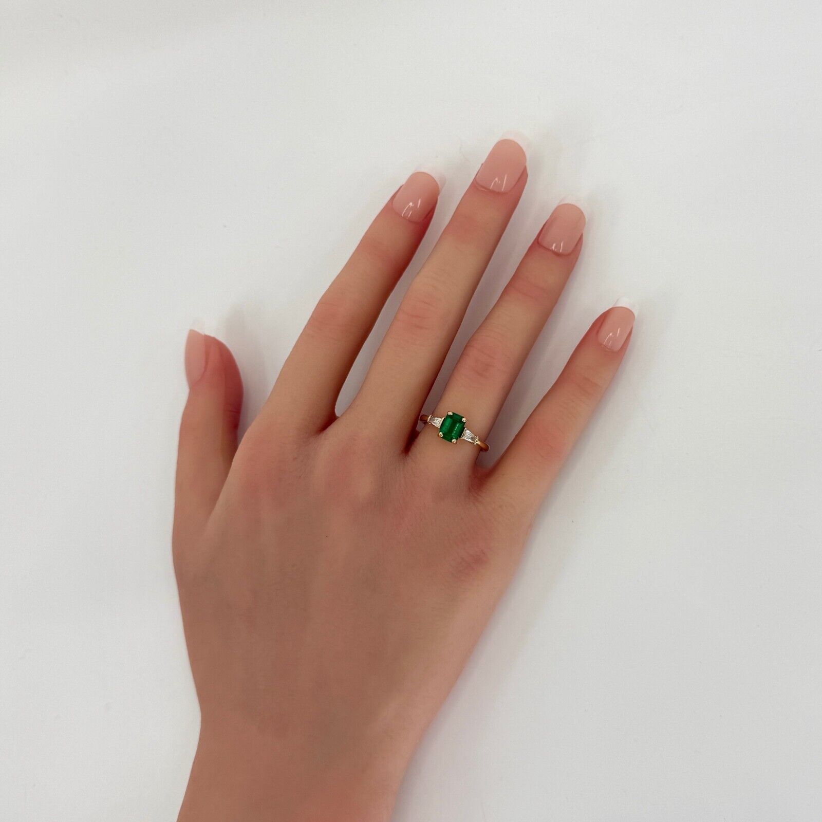 1.08ct Vivid Green Emerald & Diamond 18k Yellow Gold Octagon Three Stone Ring — view 3