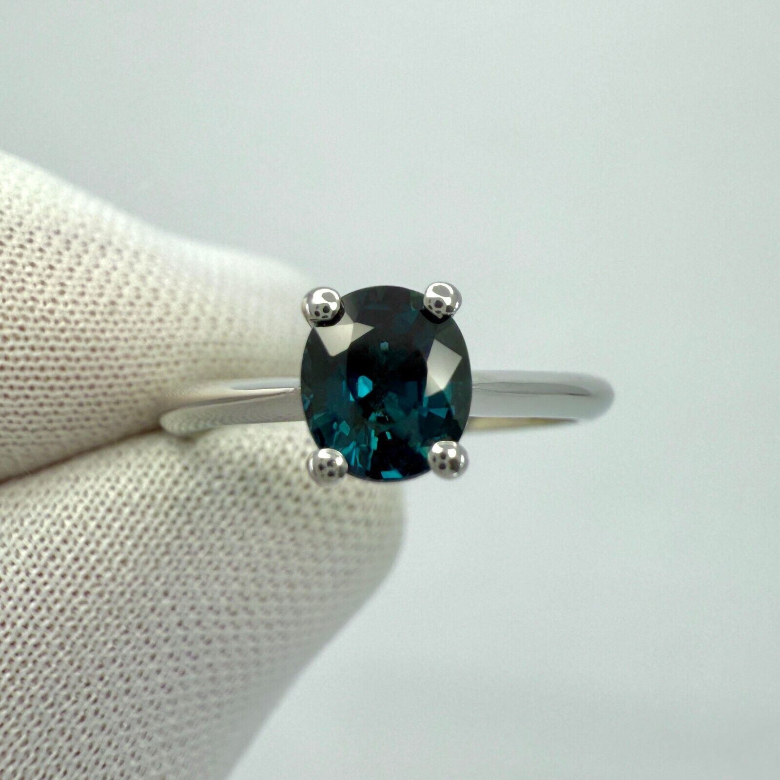Natural 1.00ct Deep Teal Blue Sapphire Oval Cut Platinum Solitaire Ring — view 2