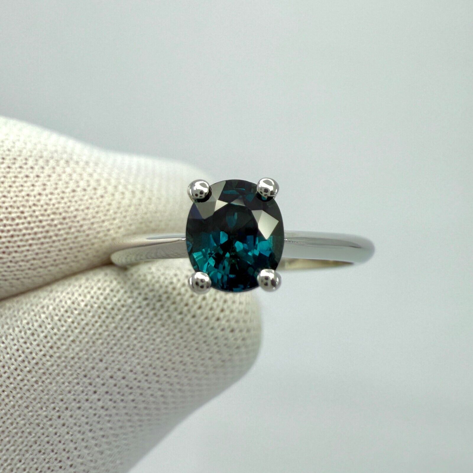 Natural 1.00ct Deep Teal Blue Sapphire Oval Cut Platinum Solitaire Ring — view 5