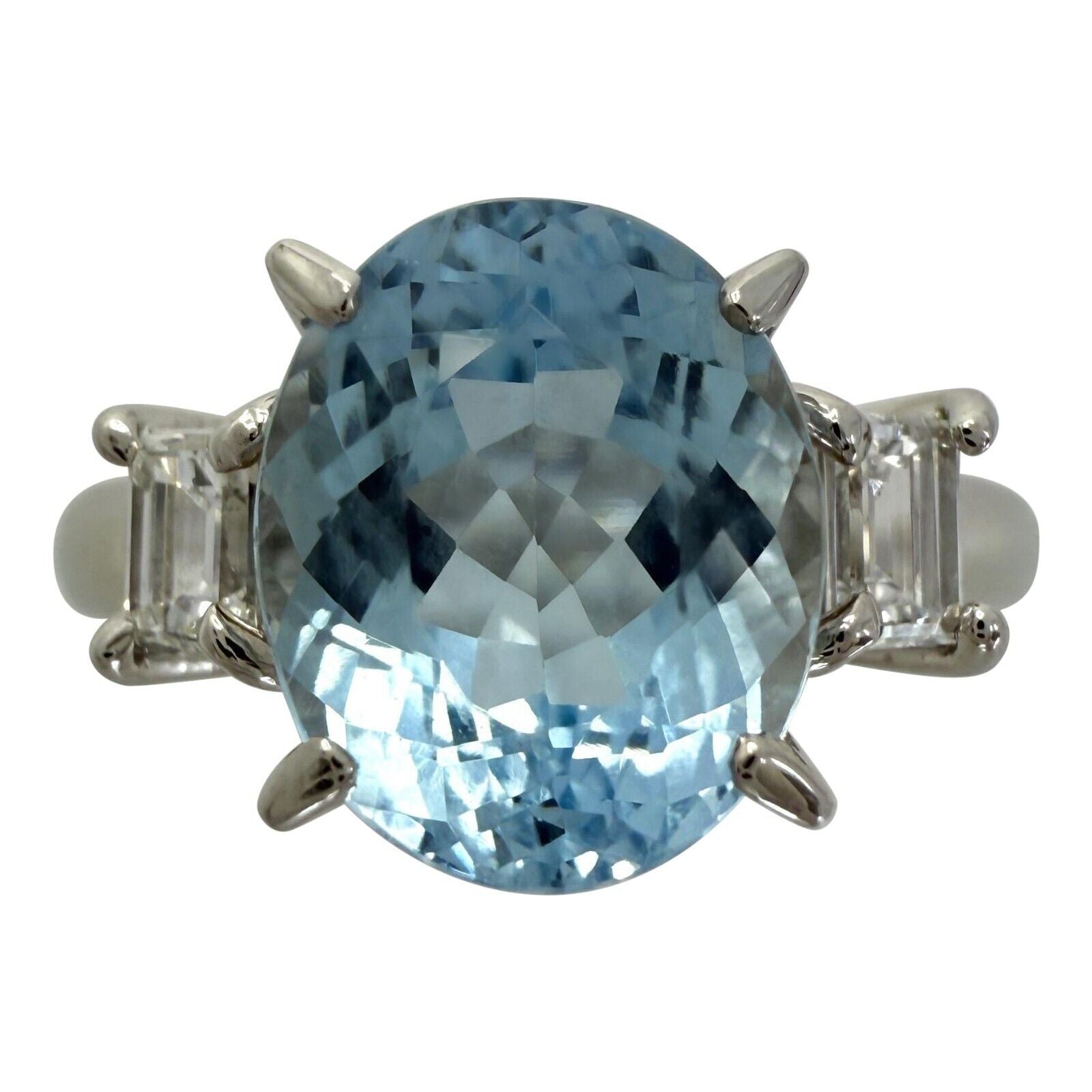 2.25ct Oval Cut Aquamarine And Emerald Cut Diamond Platinum Three Stone Ring — view 1
