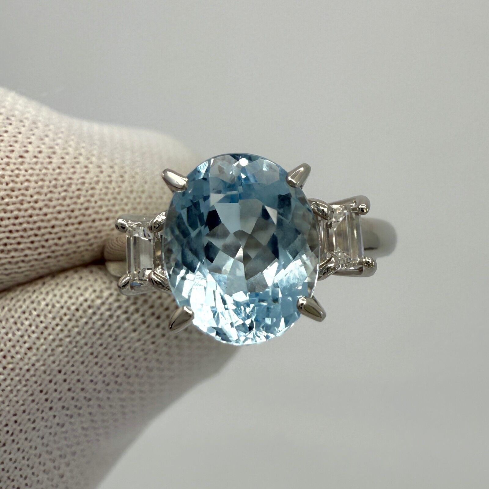 2.25ct Oval Cut Aquamarine And Emerald Cut Diamond Platinum Three Stone Ring — view 2