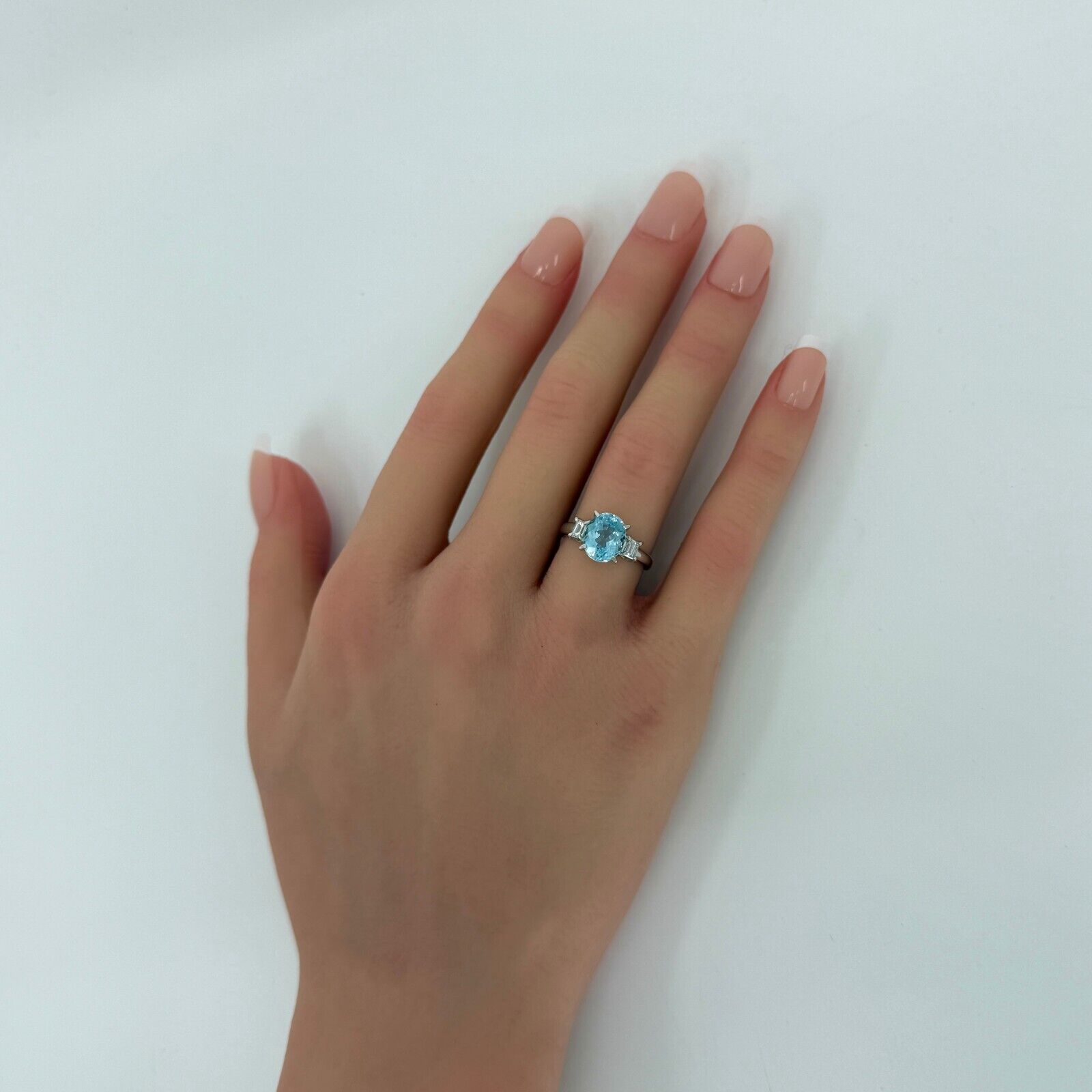 2.25ct Oval Cut Aquamarine And Emerald Cut Diamond Platinum Three Stone Ring — view 3