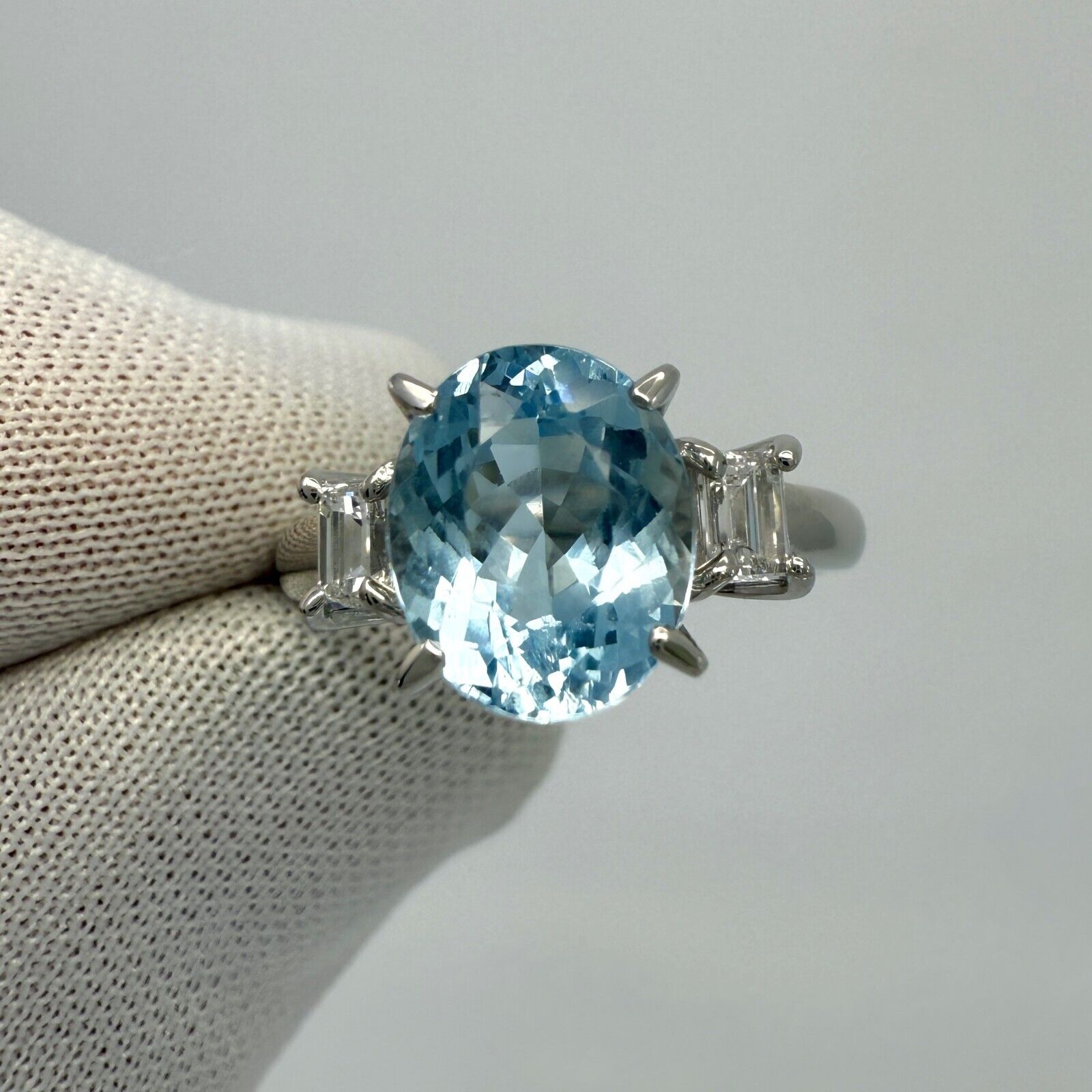 2.25ct Oval Cut Aquamarine And Emerald Cut Diamond Platinum Three Stone Ring — view 4