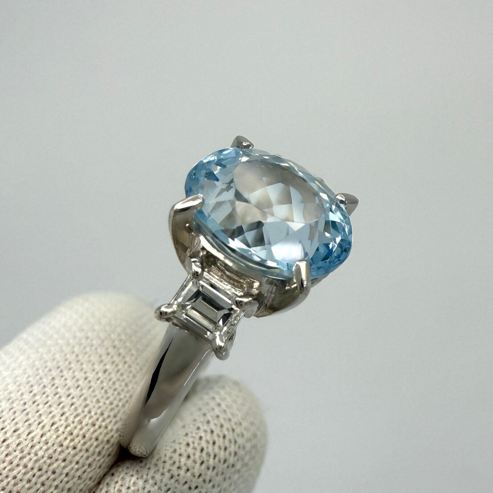 2.25ct Oval Cut Aquamarine And Emerald Cut Diamond Platinum Three Stone Ring — view 5
