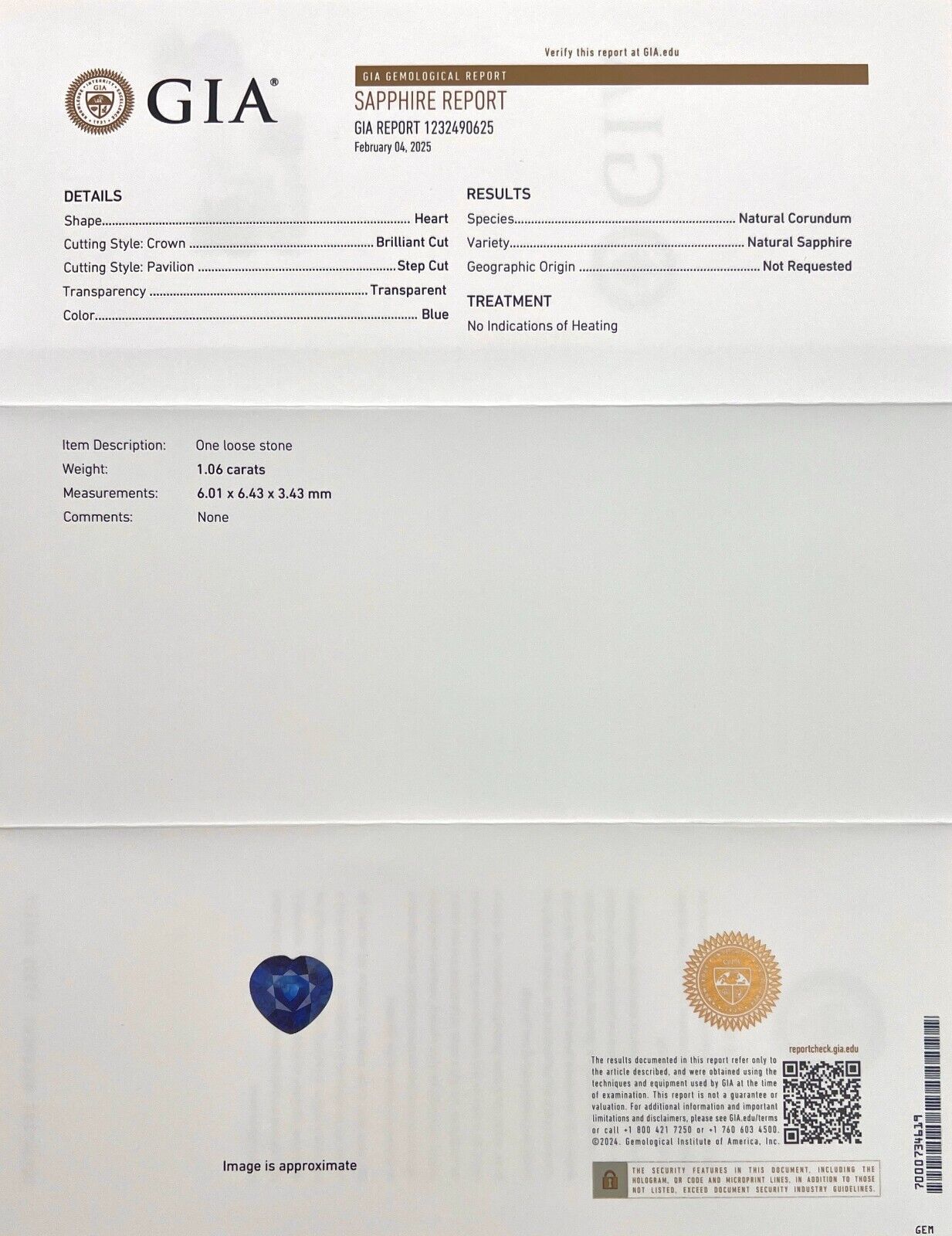 GIA CERTIFIED 1.06ct Sapphire Untreated Heart Cut NATURAL Vivid Blue Gem 6x6.4mm — view 2