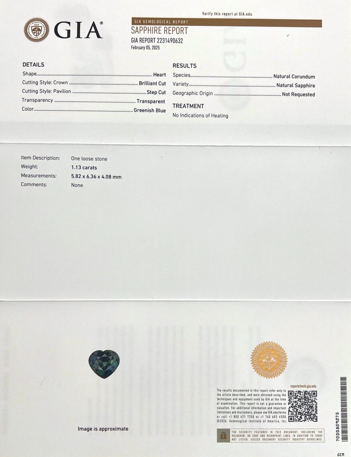 NATURAL 1.13ct Sapphire GIA CERTIFIED Heart Cut Green Blue UNTREATED 6.3x5.8mm — view 2